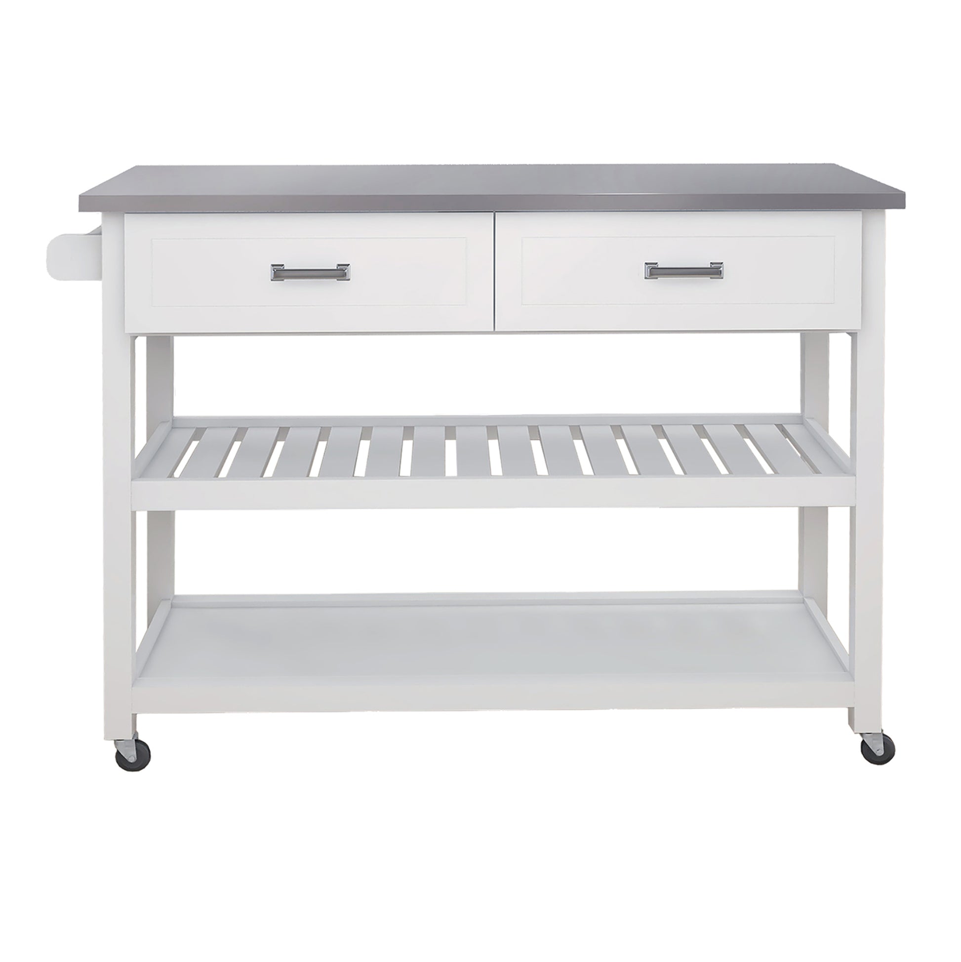 Stainless Steel Table Top White Kicthen Cart With Two Drawers White Mdf