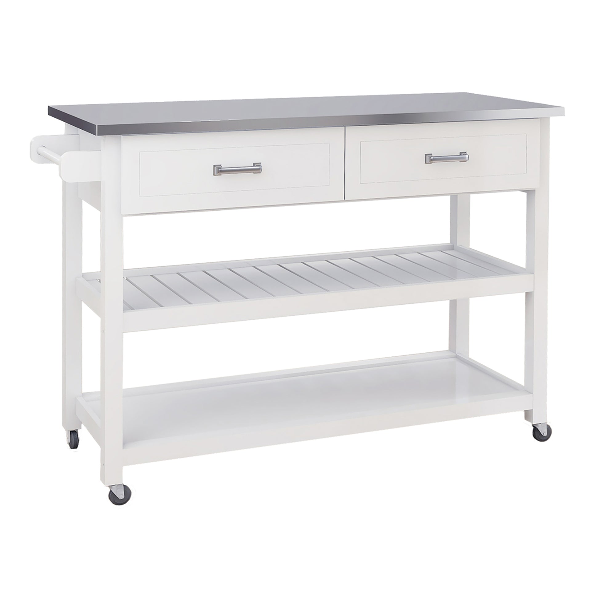 Stainless Steel Table Top White Kicthen Cart With Two Drawers White Mdf