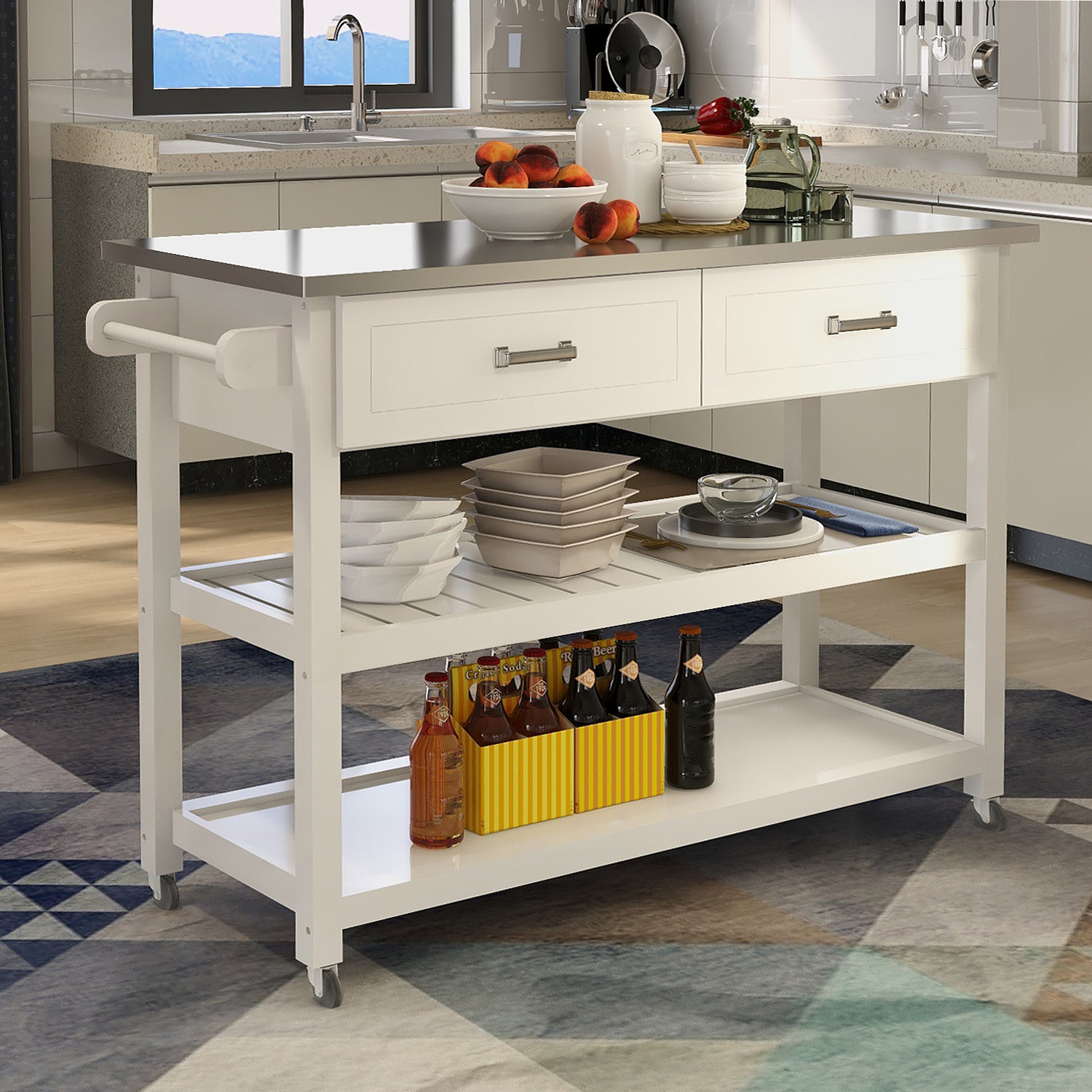 Stainless Steel Table Top White Kicthen Cart With Two Drawers White Mdf