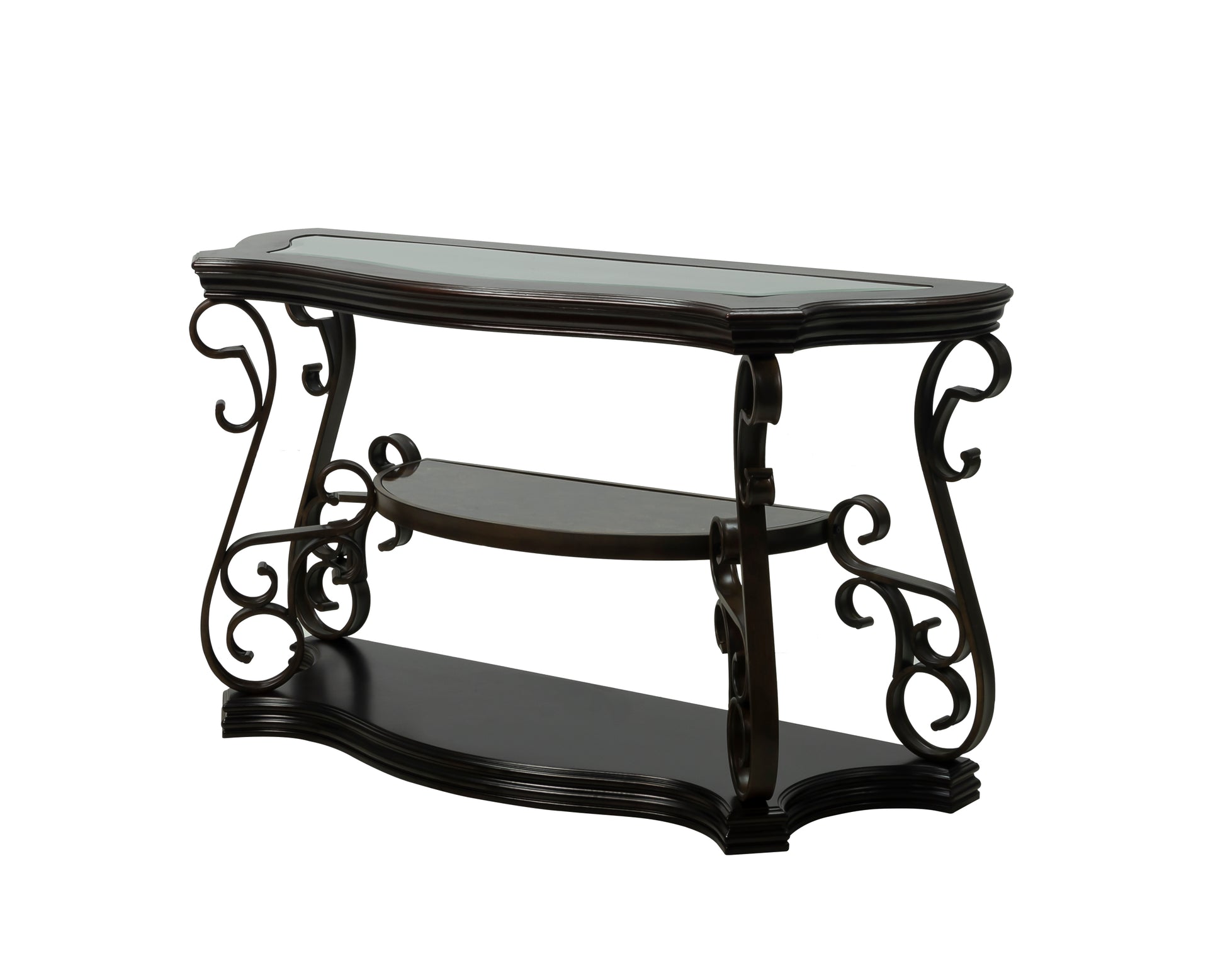Sofa Table, Glass Table Top, Mdf W Marble Paper Middle Shelf, Powder Coat Finish Metal Legs. 54"Lx20"Wx30"H Brown Glass