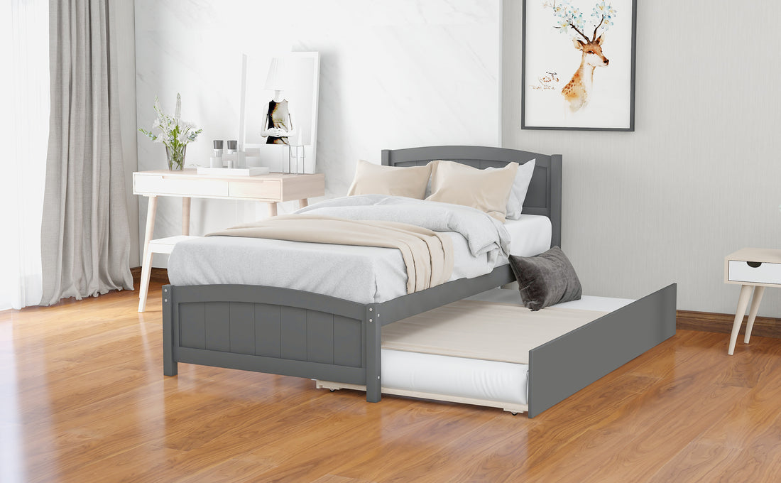 Twin Size Platform Bed With Trundle, Gray Gray Solid Wood