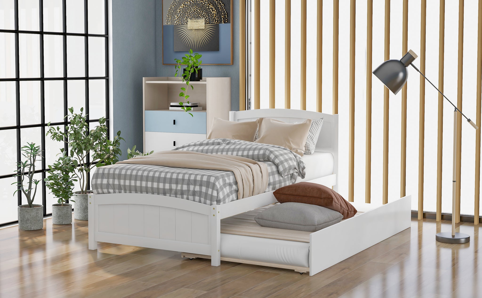 Twin Size Platform Bed With Trundle, White White Solid Wood