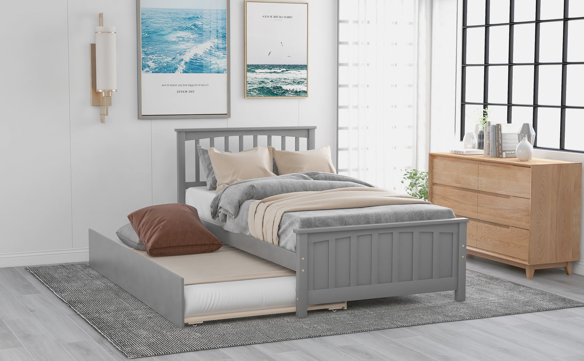 Twin Size Platform Bed With Trundle, Gray Gray Solid Wood