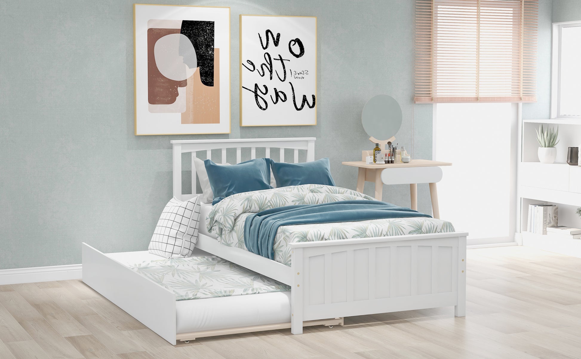 Twin Size Platform Bed With Trundle, White White Solid Wood