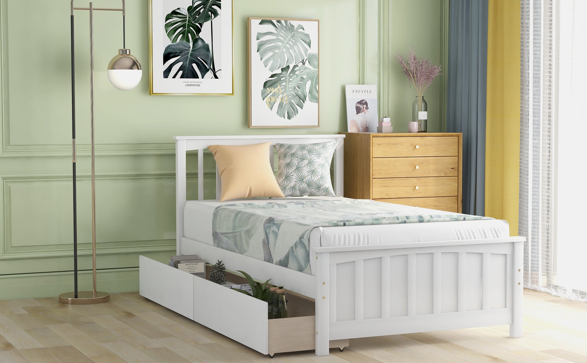 Twin Size Platform Bed With Two Drawers, White White Solid Wood