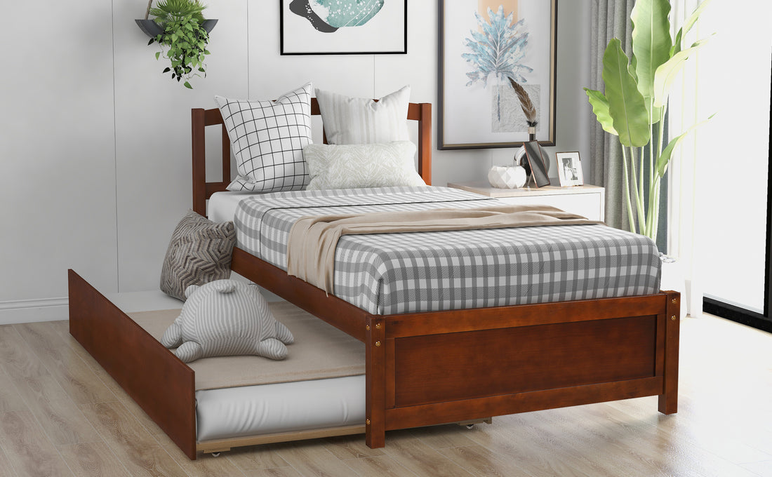 Twin Size Platform Bed Wood Bed Frame With Trundle, Walnut Walnut Solid Wood