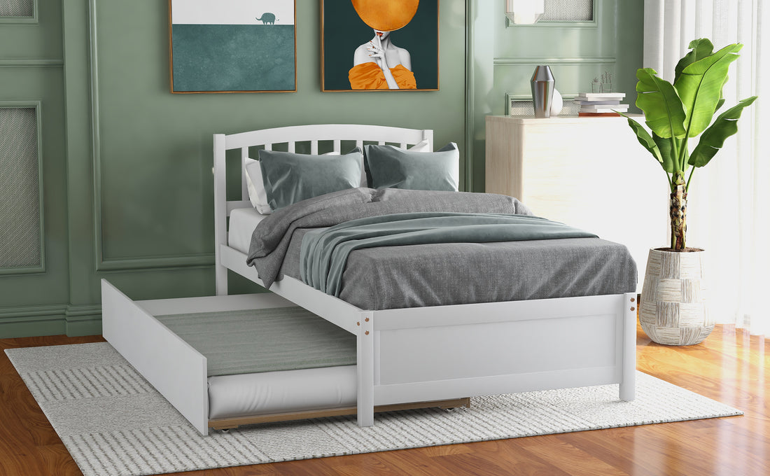 Twin Size Platform Bed Wood Bed Frame With Trundle, White White Solid Wood