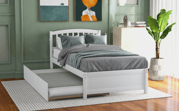 Twin Size Platform Bed Wood Bed Frame With Trundle, White White Solid Wood