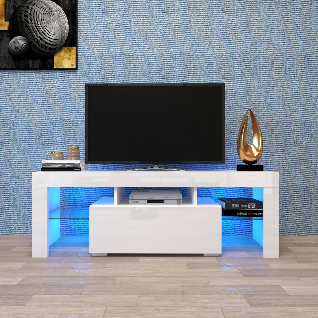 Entertainment Tv Stand, Large Tv Stand Tv Base Stand With Led Light Tv Cabinet. White 50 59 Inches Mdf