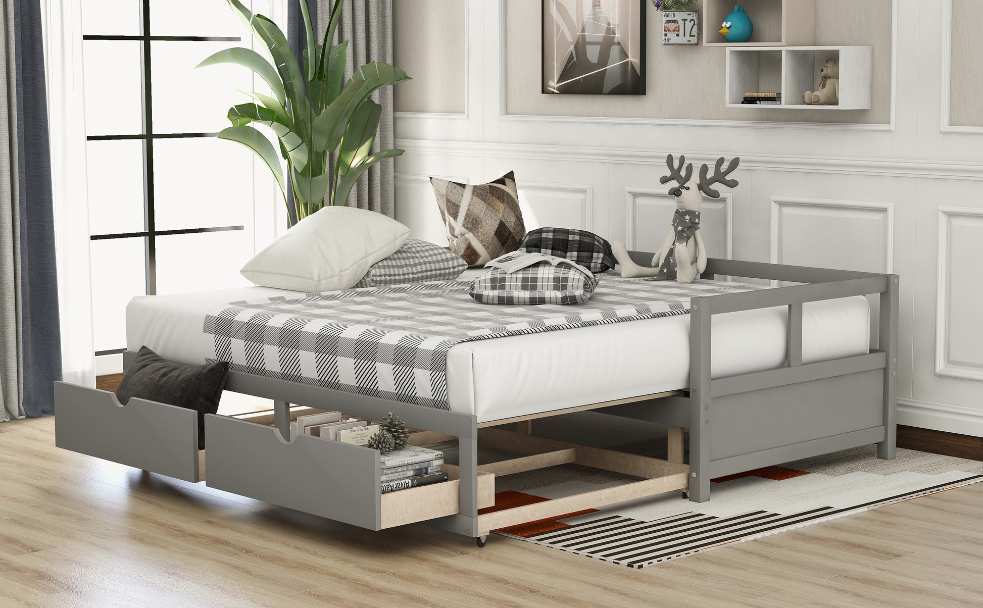 Wooden Daybed With Trundle Bed And Two Storage Drawersextendable Bed Daybed,Sofa Bed For Bedroom Living Room, Gray Twin Gray Solid Wood