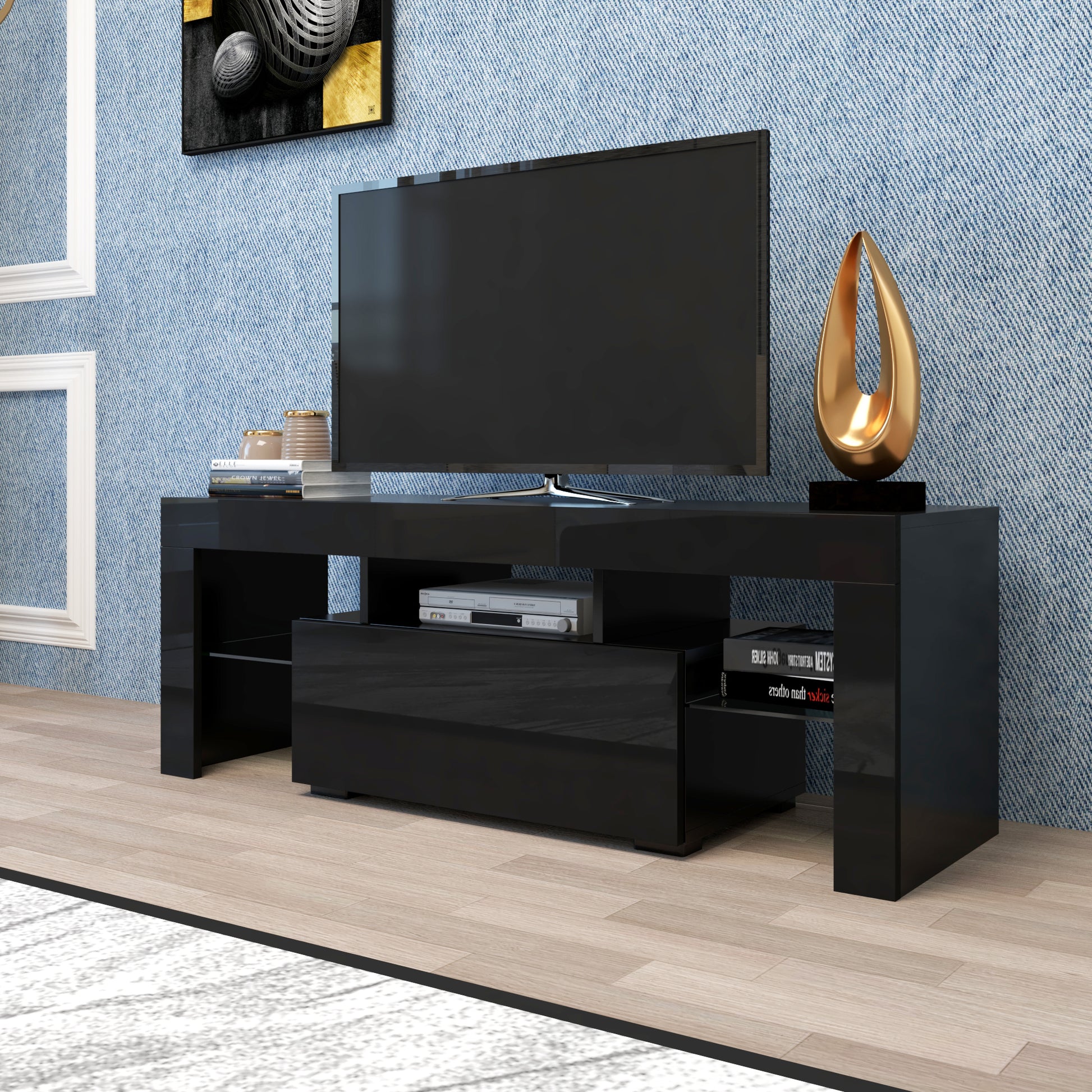 Black Tv Stand With Led Rgb Lights,Flat Screen Tv Cabinet, Gaming Consoles In Lounge Room, Living Room And Bedroom Black Black 50 59 Inches Mdf