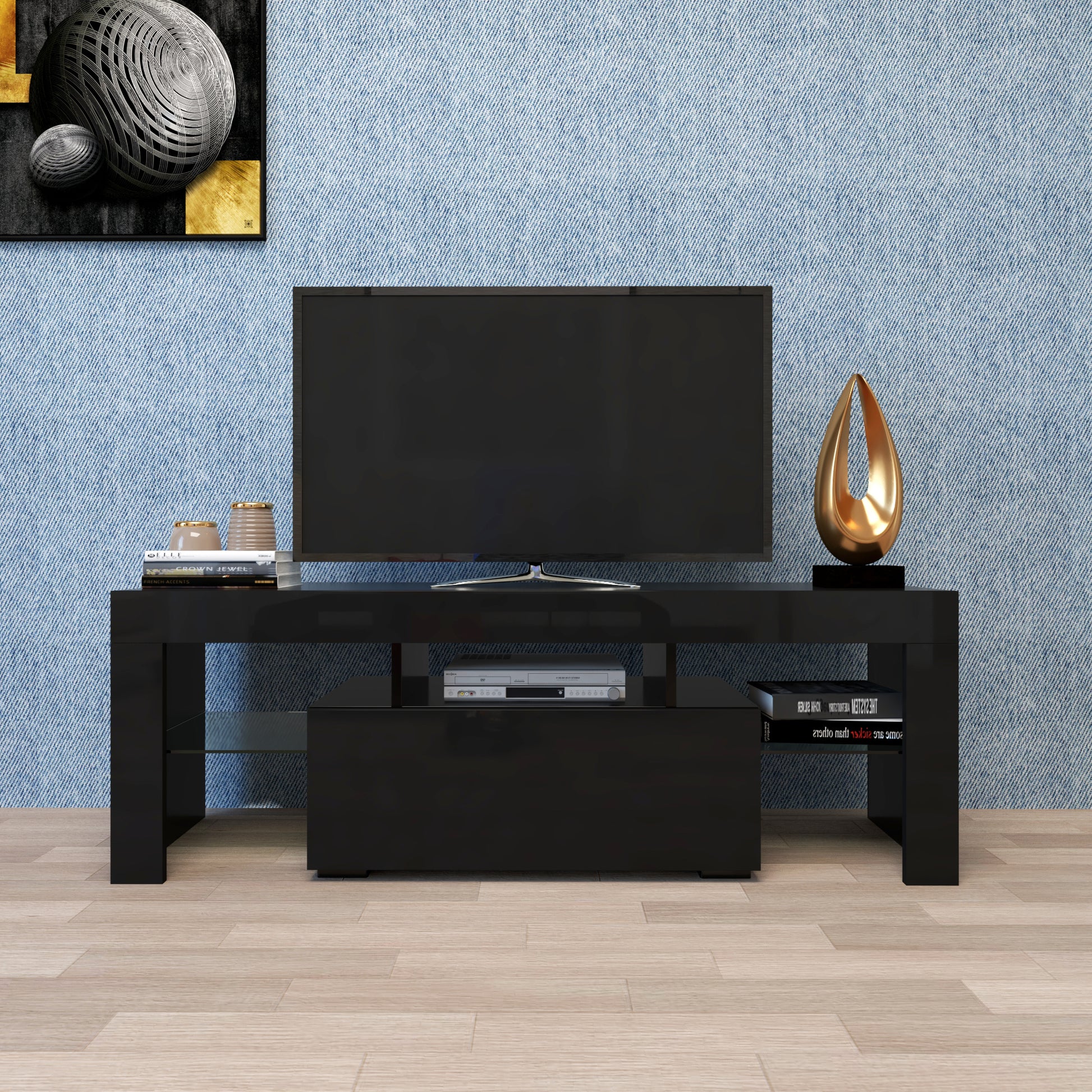 Black Tv Stand With Led Rgb Lights,Flat Screen Tv Cabinet, Gaming Consoles In Lounge Room, Living Room And Bedroom Black Black 50 59 Inches Mdf