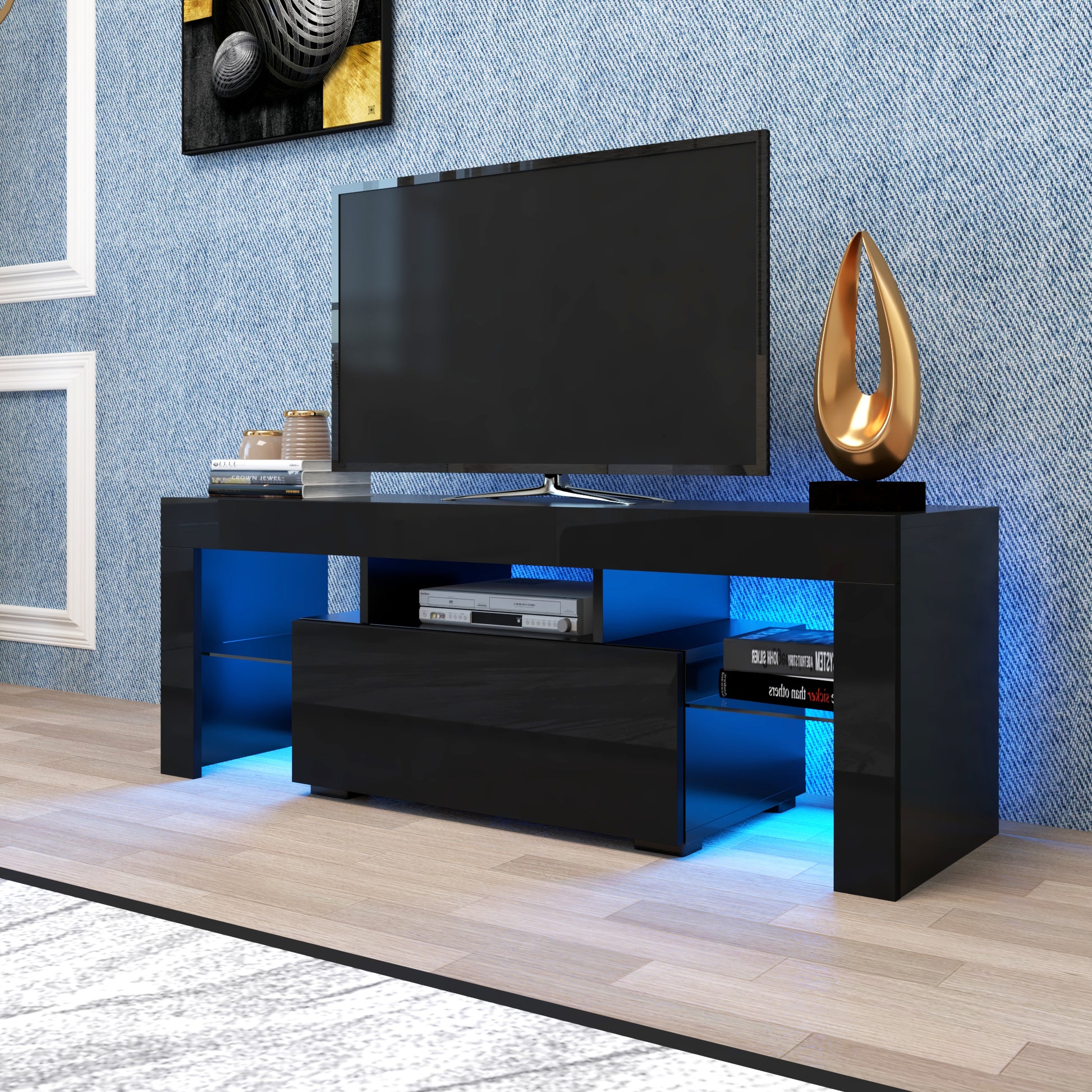 Black Tv Stand With Led Rgb Lights,Flat Screen Tv Cabinet, Gaming Consoles In Lounge Room, Living Room And Bedroom Black Black 50 59 Inches Mdf