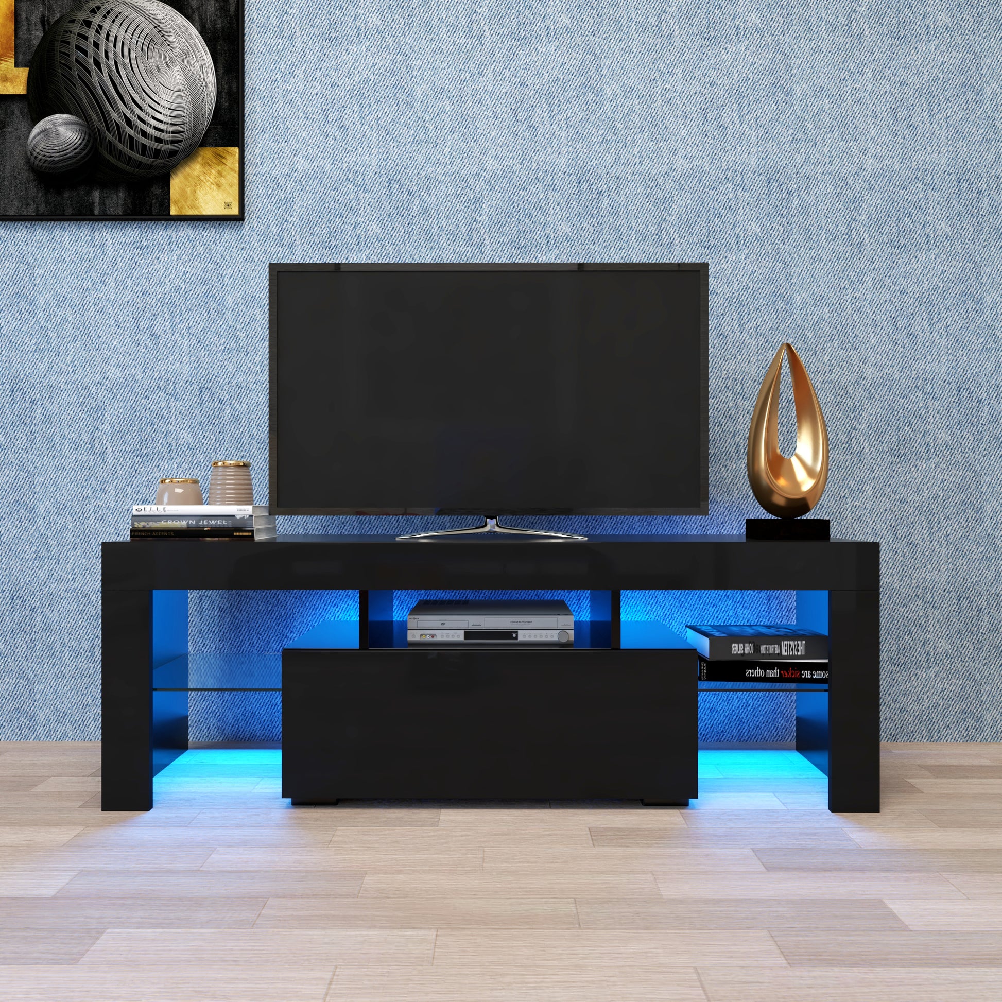 Black Tv Stand With Led Rgb Lights,Flat Screen Tv Cabinet, Gaming Consoles In Lounge Room, Living Room And Bedroom Black Black 50 59 Inches Mdf