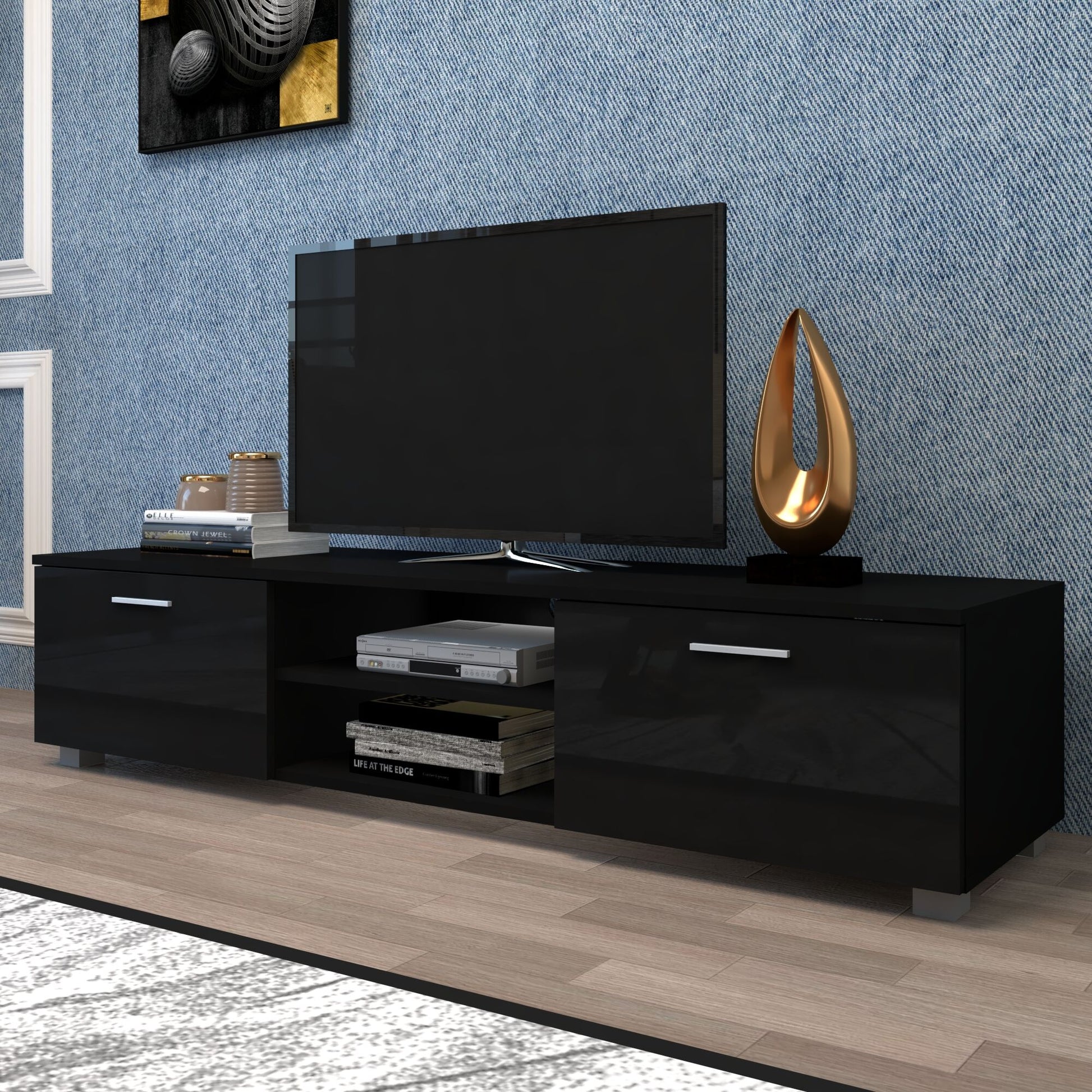 Black Tv Stand For 70 Inch Tv Stands, Media Console Entertainment Center Television Table, 2 Storage Cabinet With Open Shelves For Living Room Bedroom Black Mdf