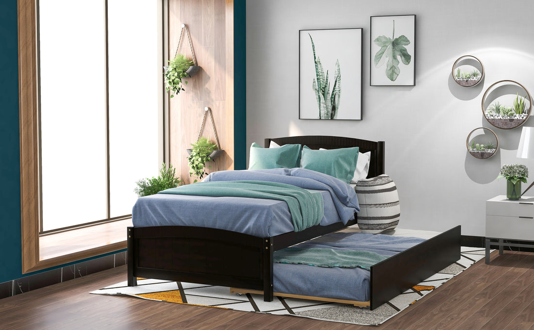 Twin Size Platform Bed With Trundle, Espresso Espresso Solid Wood