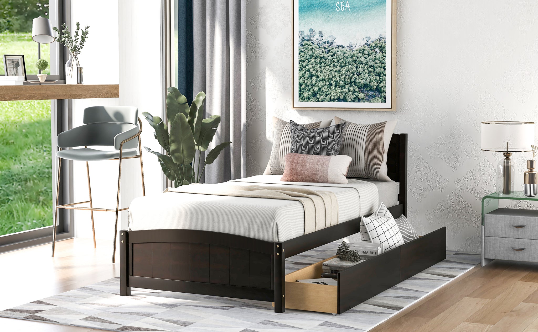 Twin Size Platform Bed With Two Drawers, Espresso Espresso Solid Wood