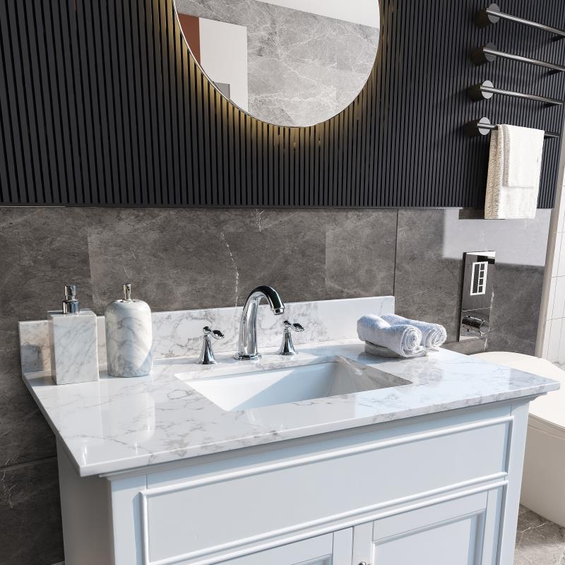 37Inch Bathroom Vanity Top Stone Carrara White Style Tops With Rectangle Undermount Ceramic Sink And Back Splash With 3 Faucet Hole For Bathrom Cabinet Gray American Design Stone Stone