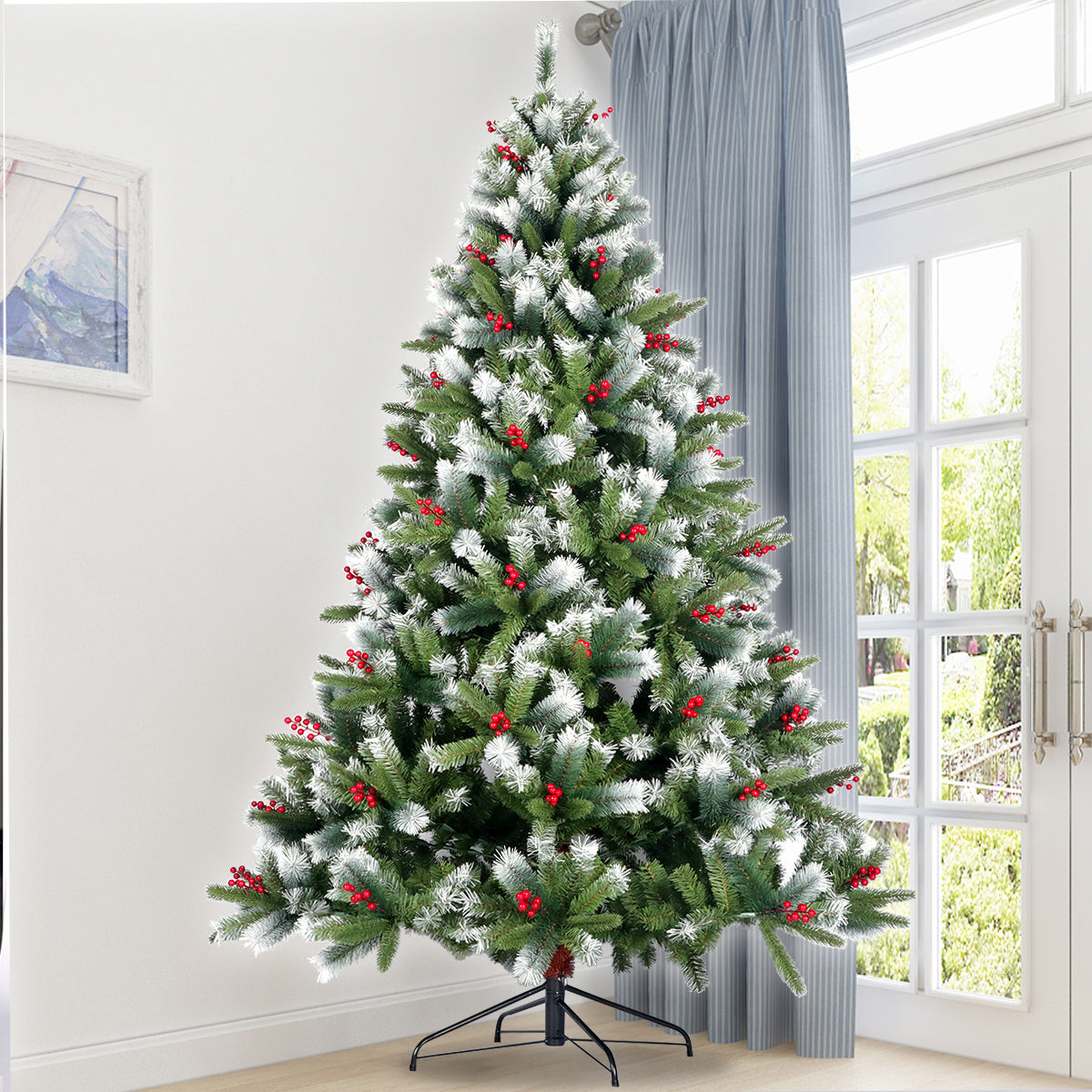 Artificial Christmas Tree Flocked Pine Needle Tree With Cones Red Berries 7.5 Ft Foldable Stand Green American Design Pvc Polyester