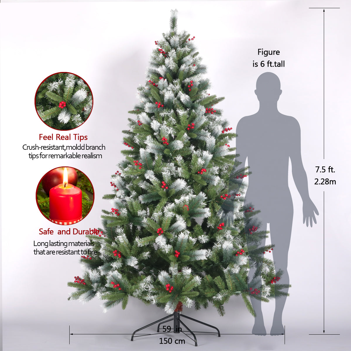 Artificial Christmas Tree Flocked Pine Needle Tree With Cones Red Berries 7.5 Ft Foldable Stand Green American Design Pvc Polyester