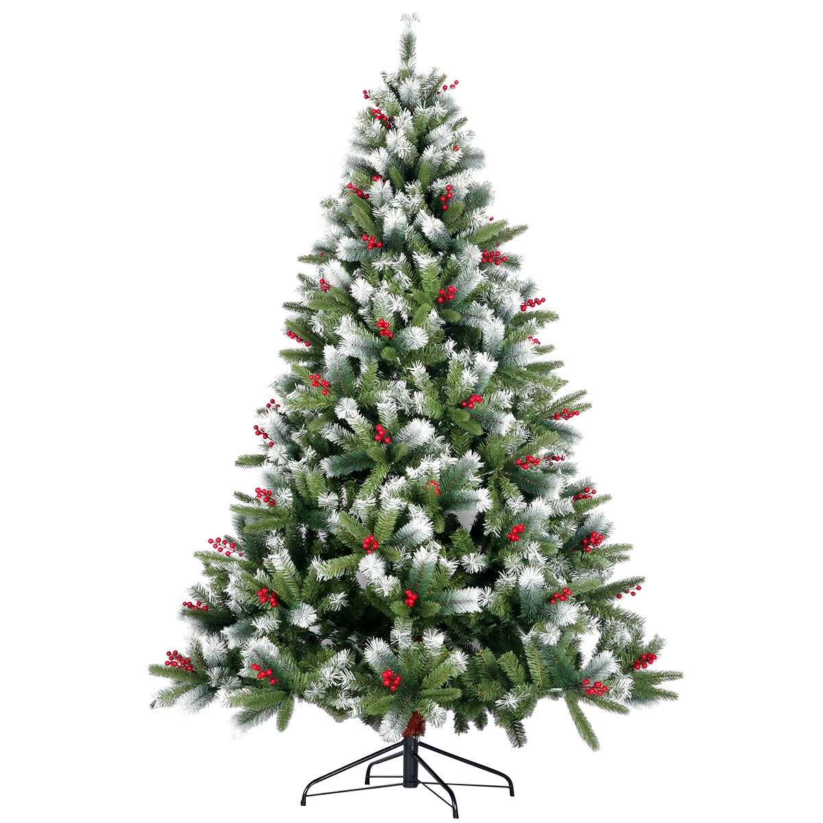 Artificial Christmas Tree Flocked Pine Needle Tree With Cones Red Berries 7.5 Ft Foldable Stand Green American Design Pvc Polyester