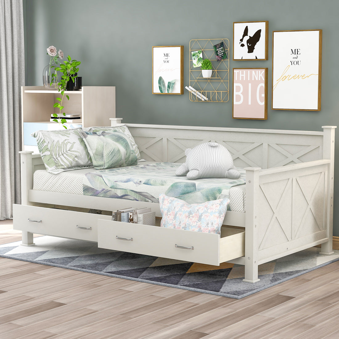 Twin Size Wooden Modern And Rustic Casual Style Daybed, Cream White Box Spring Not Required Twin Cream White Wood Daybeds Pine