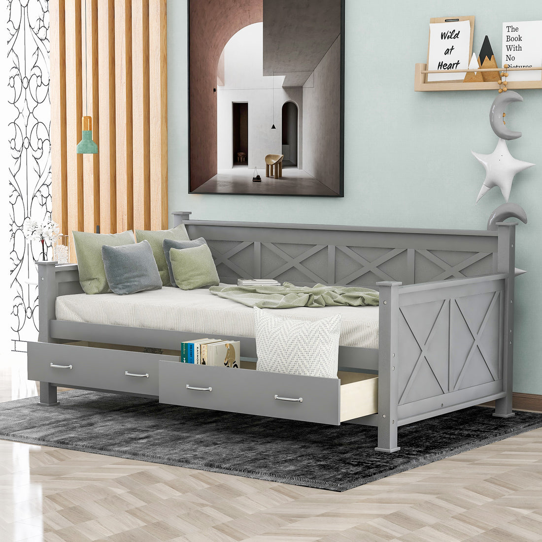 Twin Size Daybed With 2 Large Drawers, X Shaped Frame, Modern And Rustic Casual Style Daybed, Gray Box Spring Not Required Twin Gray Wood Daybeds Pine