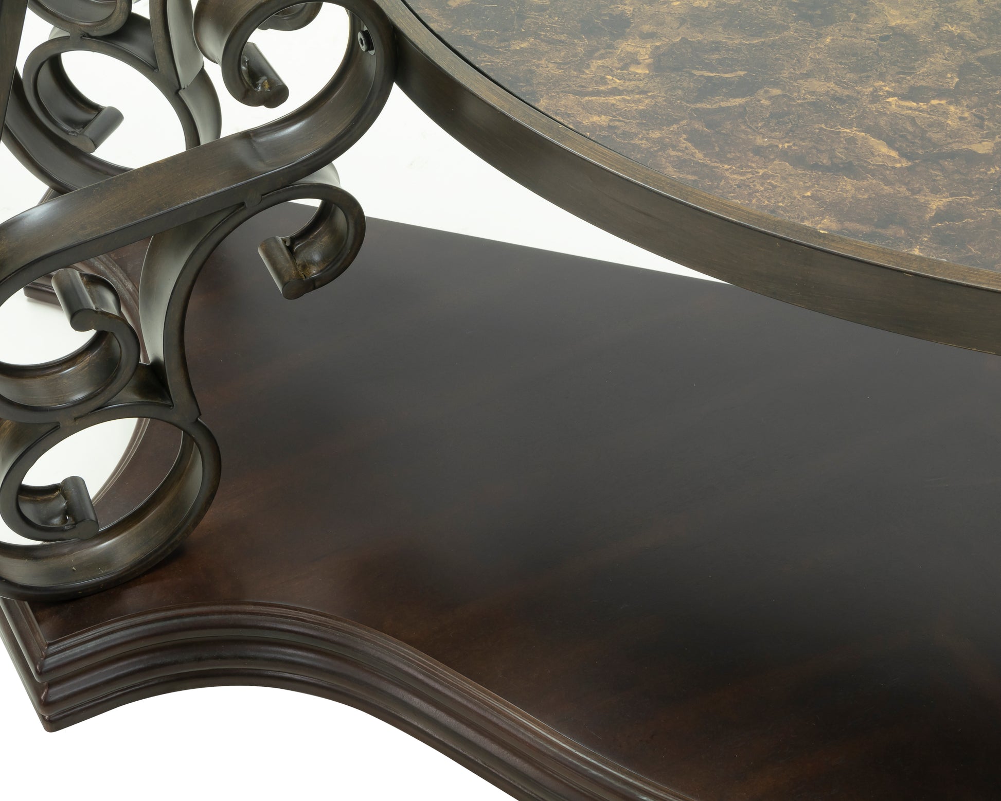 Sofa Table, Glass Table Top, Mdf W Marble Paper Middle Shelf, Powder Coat Finish Metal Legs. 54"Lx20"Wx30"H Brown Glass