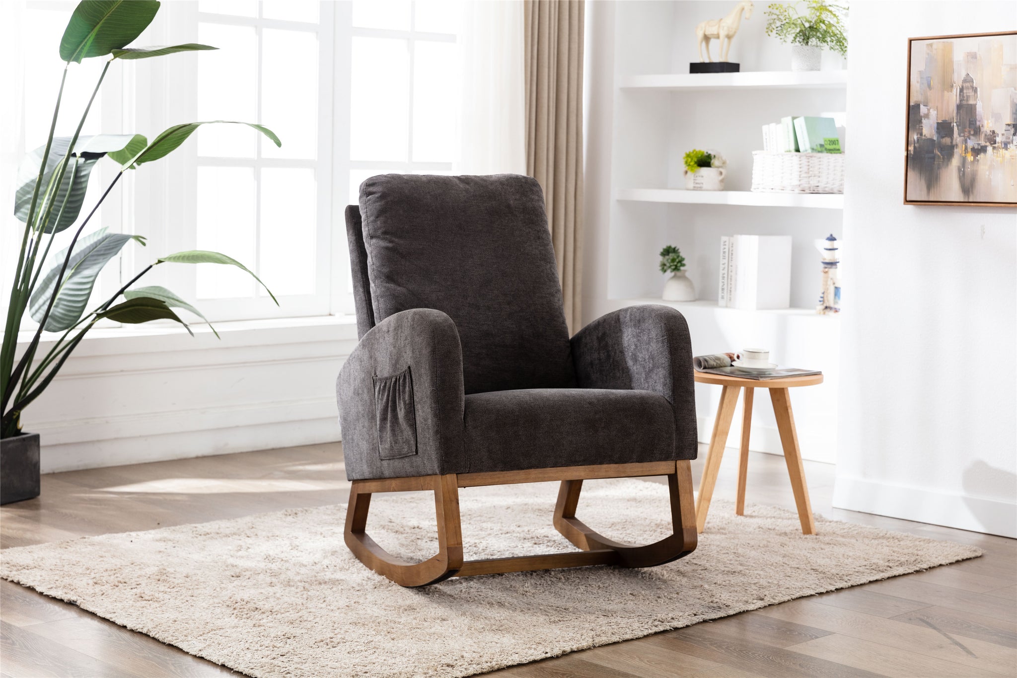 Coolmore Rocking Chair, Modern Glider Chair, Recliner Armchair With Wood Legs And Side Pocket, Nursery Rocking Accent Chair With High Back For Living Room Bedroom Dark Gray Linen Dark Gray Foam Solid Wood