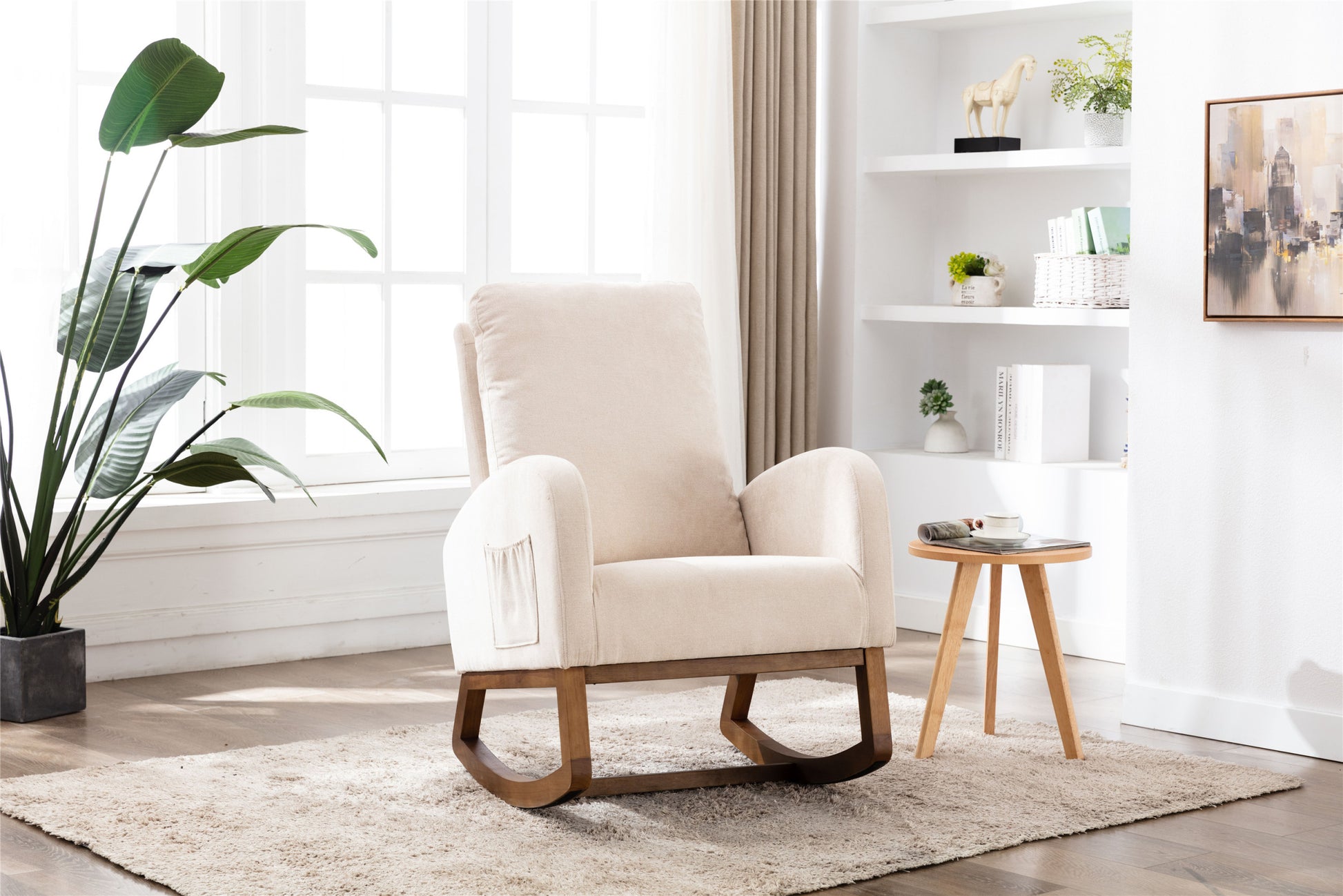 Coolmore Rocking Chair, Modern Glider Chair, Recliner Armchair With Wood Legs And Side Pocket, Nursery Rocking Accent Chair With High Back For Living Room Bedroom Beige Linen Beige Foam Solid Wood