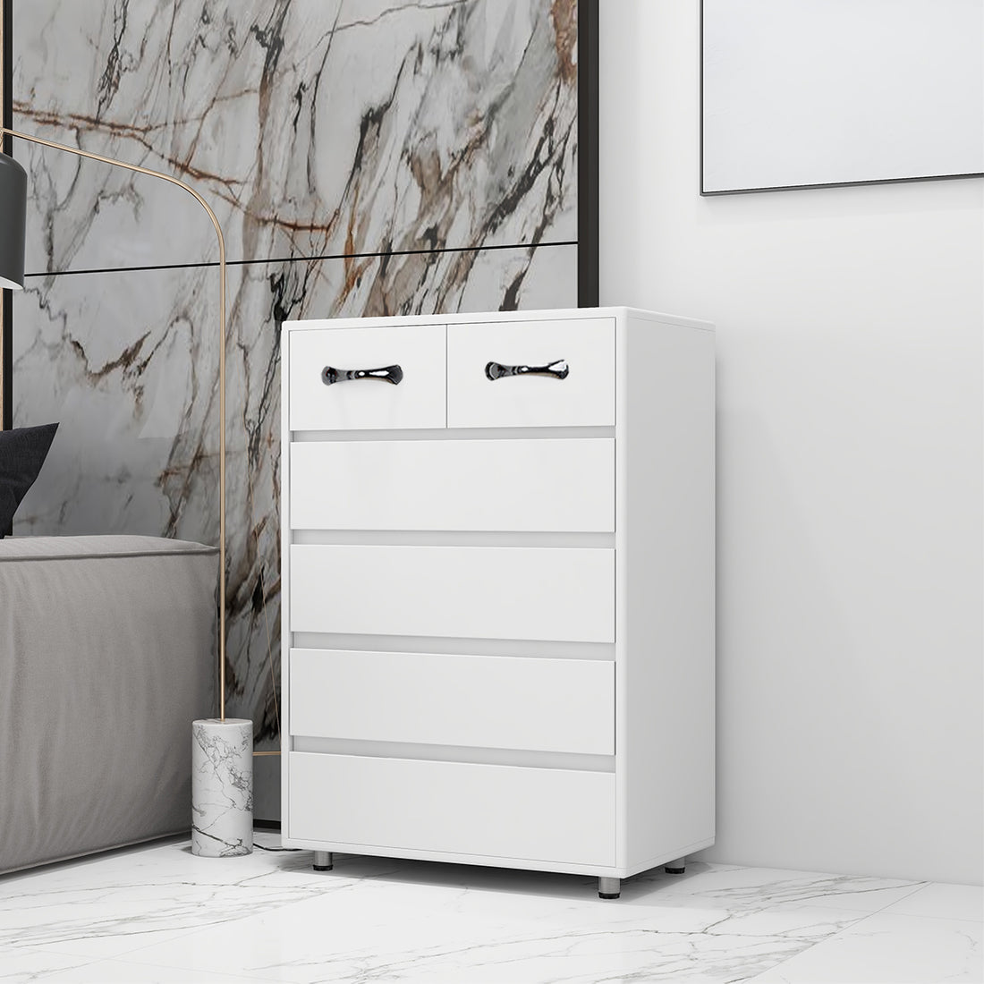 Six Drawer Side Table White White Mdf