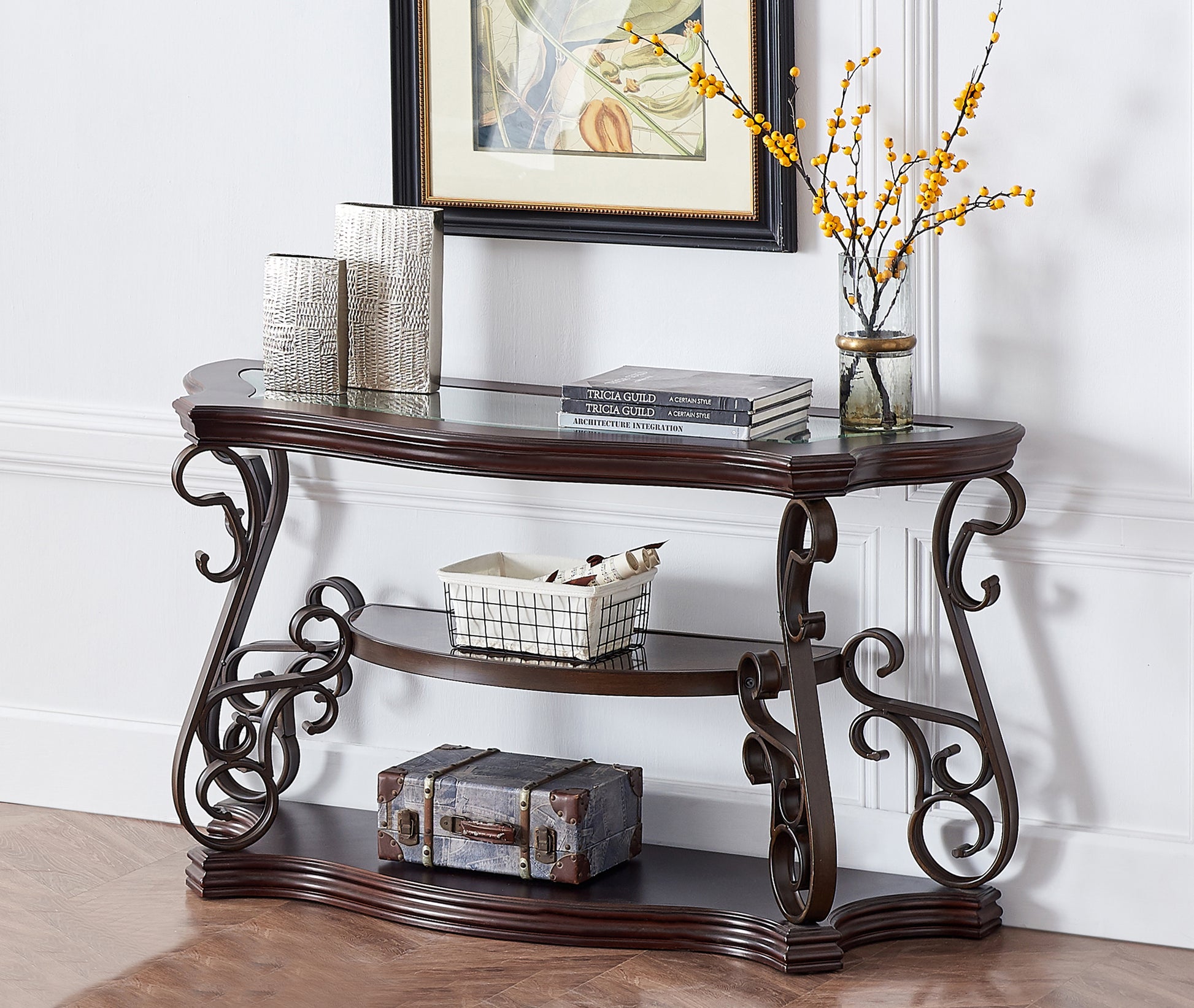 Sofa Table, Glass Table Top, Mdf W Marble Paper Middle Shelf, Powder Coat Finish Metal Legs. 54"Lx20"Wx30"H Brown Glass