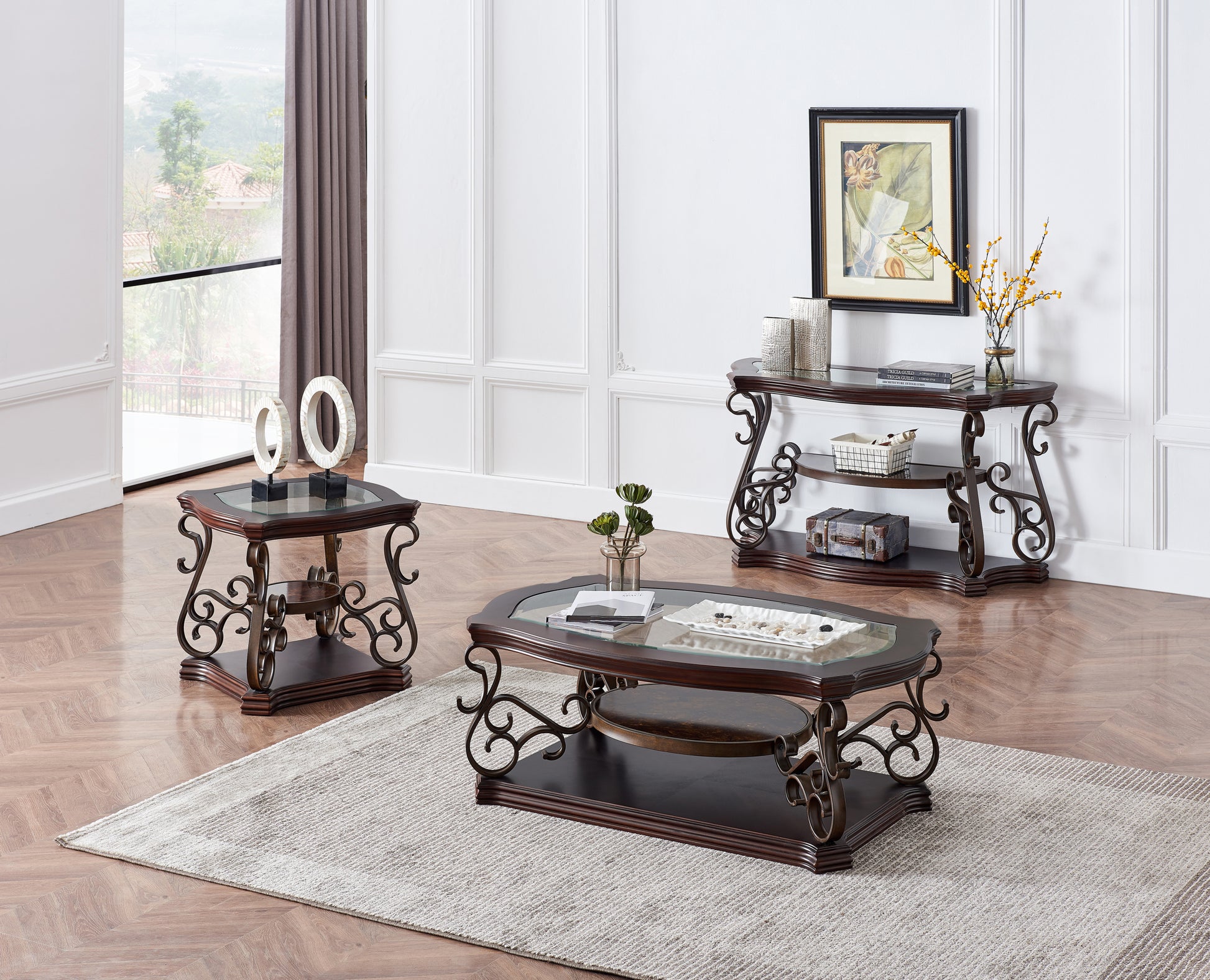 Sofa Table, Glass Table Top, Mdf W Marble Paper Middle Shelf, Powder Coat Finish Metal Legs. 54"Lx20"Wx30"H Brown Glass