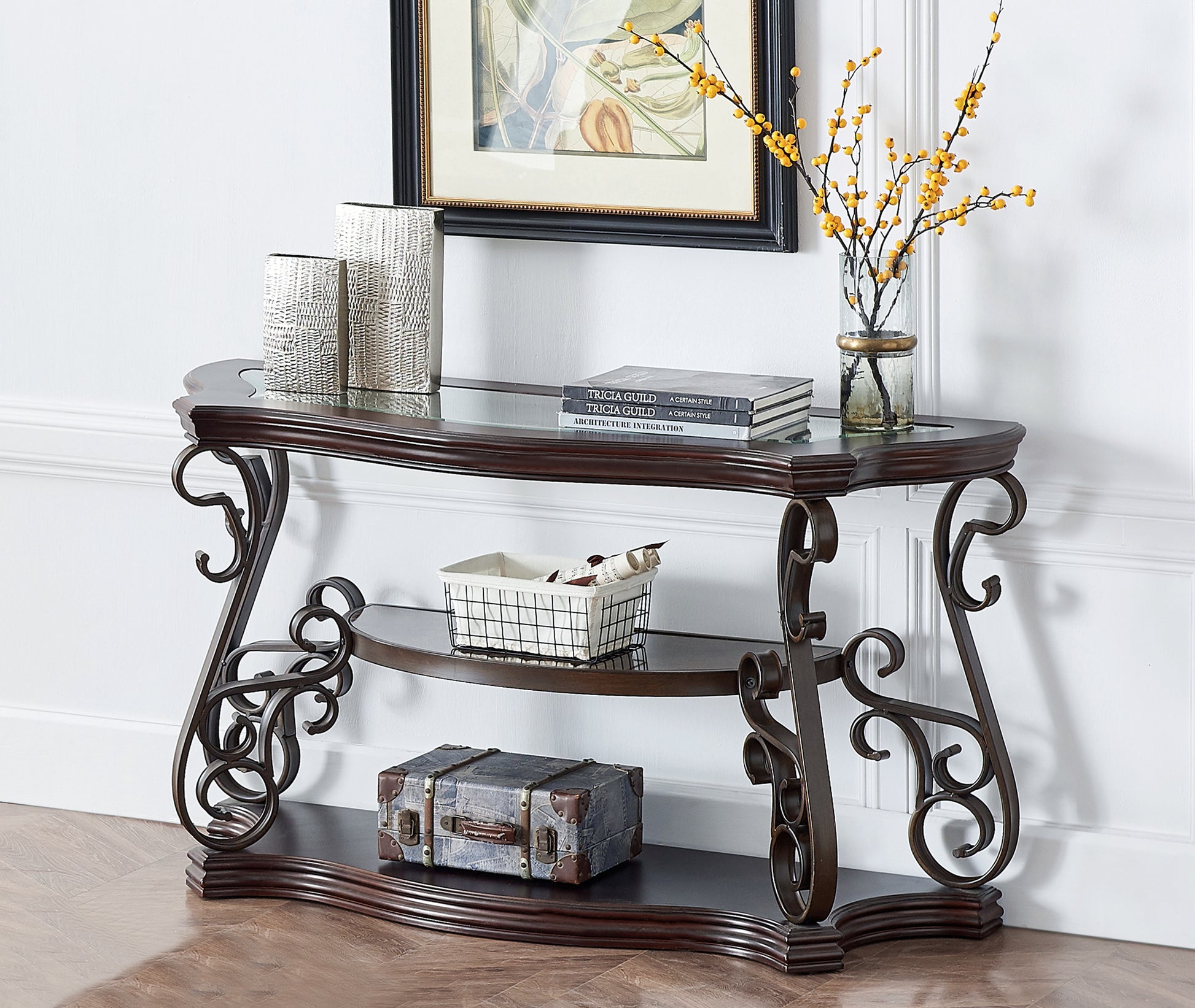Sofa Table, Glass Table Top, Mdf W Marble Paper Middle Shelf, Powder Coat Finish Metal Legs. 54"Lx20"Wx30"H Brown Glass