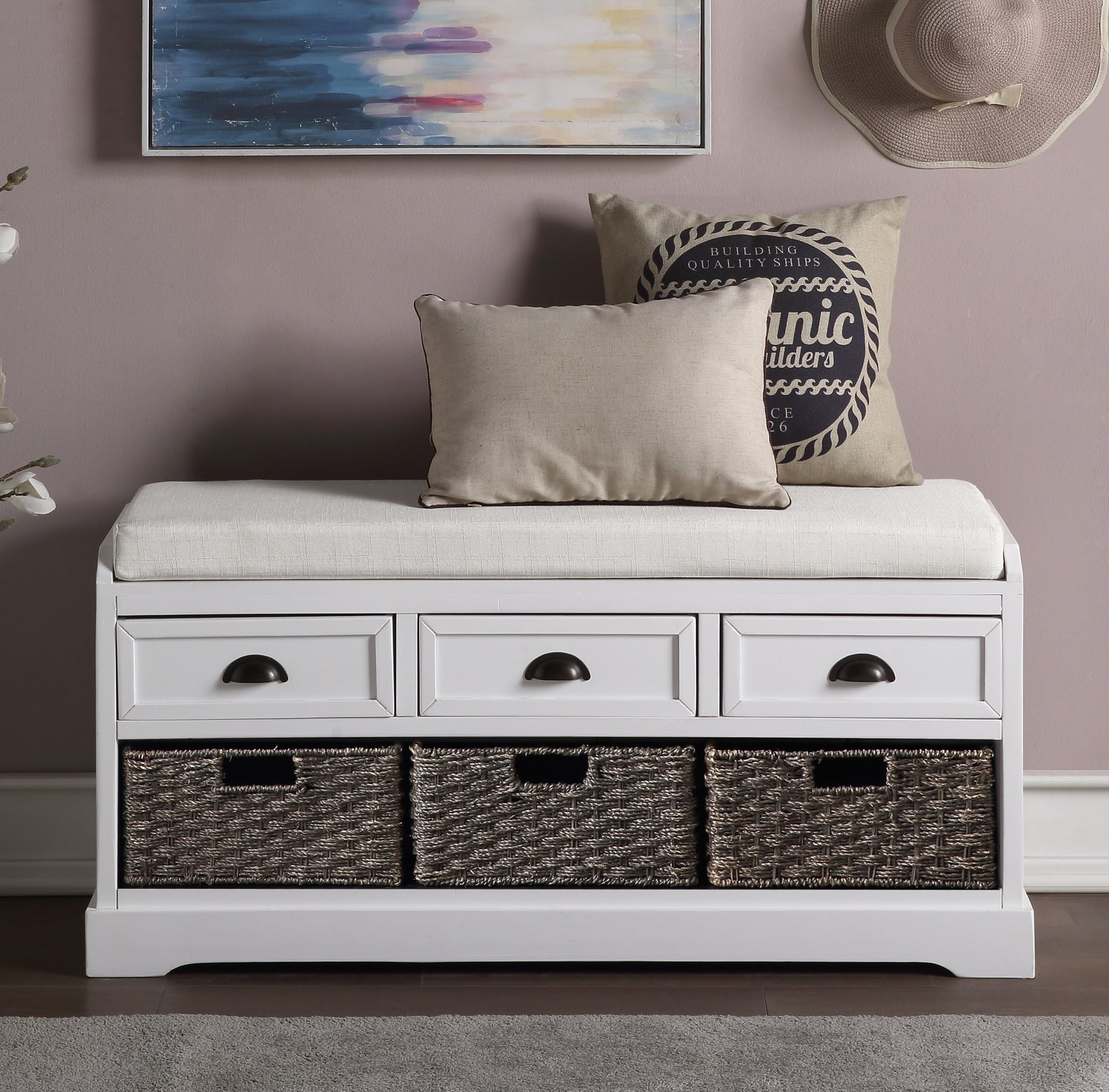 Homes Collection Wood Storage Bench With 3 Drawers And 3 Baskets White Mdf