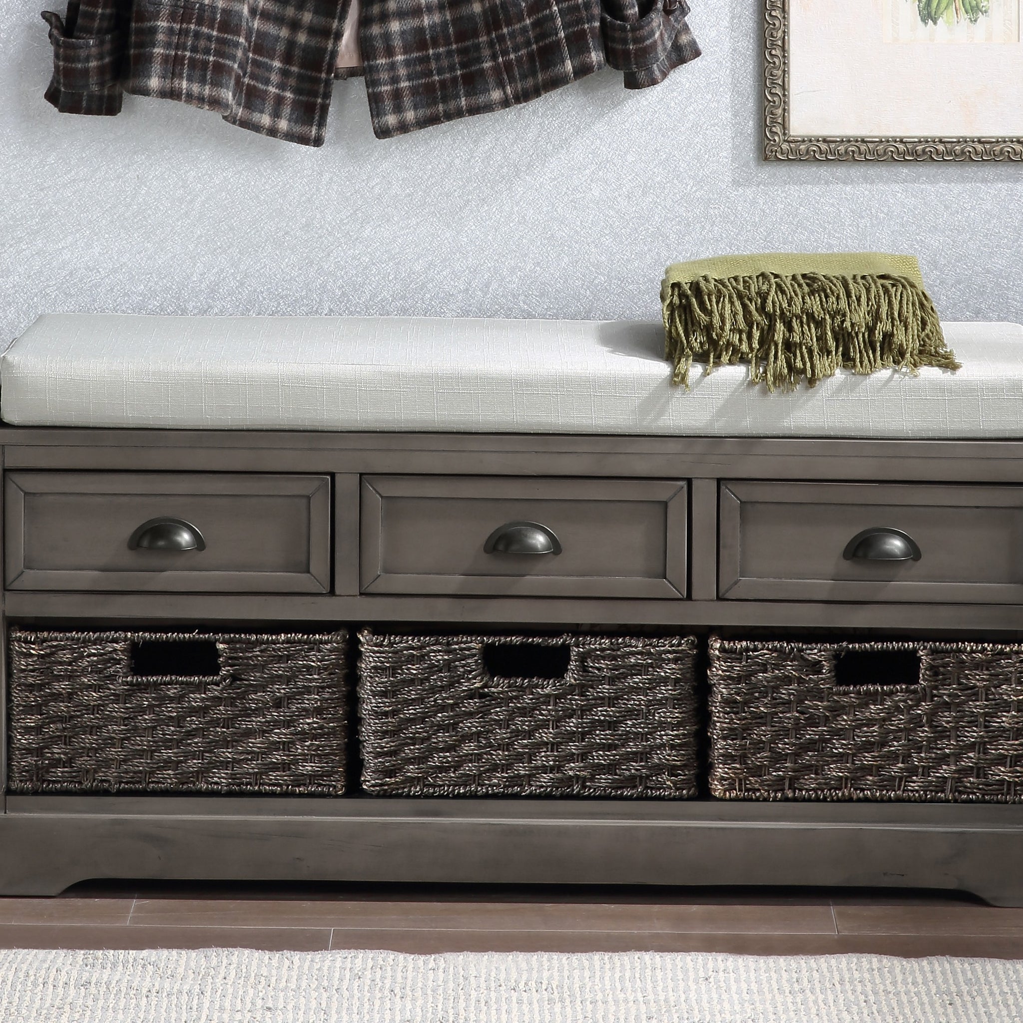 Homes Collection Wood Storage Bench With 3 Drawers And 3 Baskets Gray Mdf