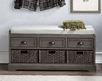 Homes Collection Wood Storage Bench With 3 Drawers And 3 Baskets Gray Mdf