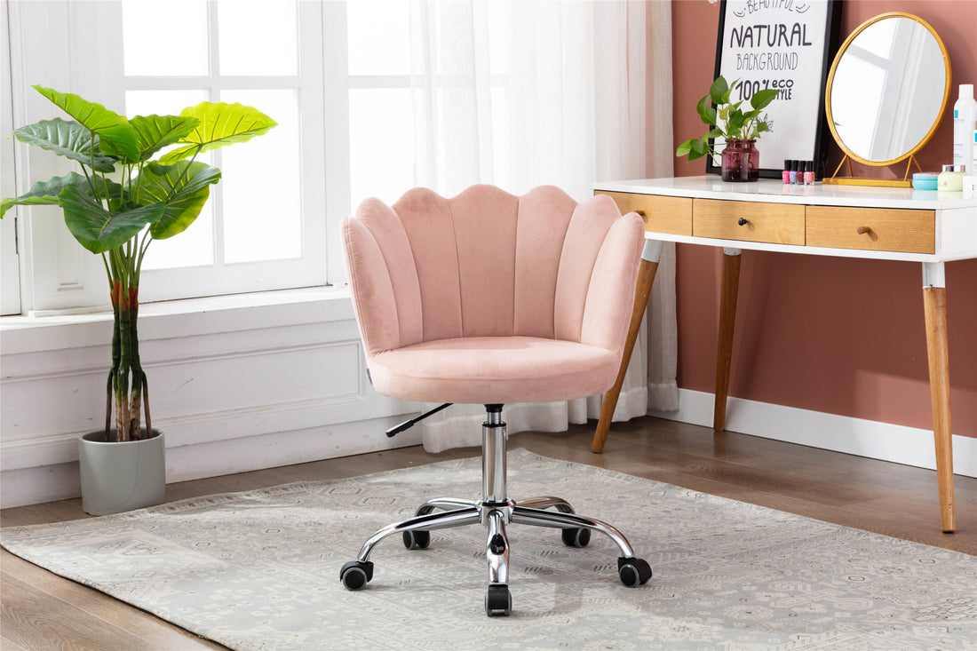 Coolmore Velvet Home Office Chair With Silver Base, Modern Cute Shell Back Upholstered Desk Chair For Vanity, Adjustable Swivel Task Chair For Office Pink Velvet Pink Foam Metal