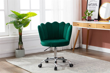 Coolmore Velvet Home Office Chair With Silver Base, Modern Cute Shell Back Upholstered Desk Chair For Vanity, Adjustable Swivel Task Chair For Office Green Velvet Green Foam Metal