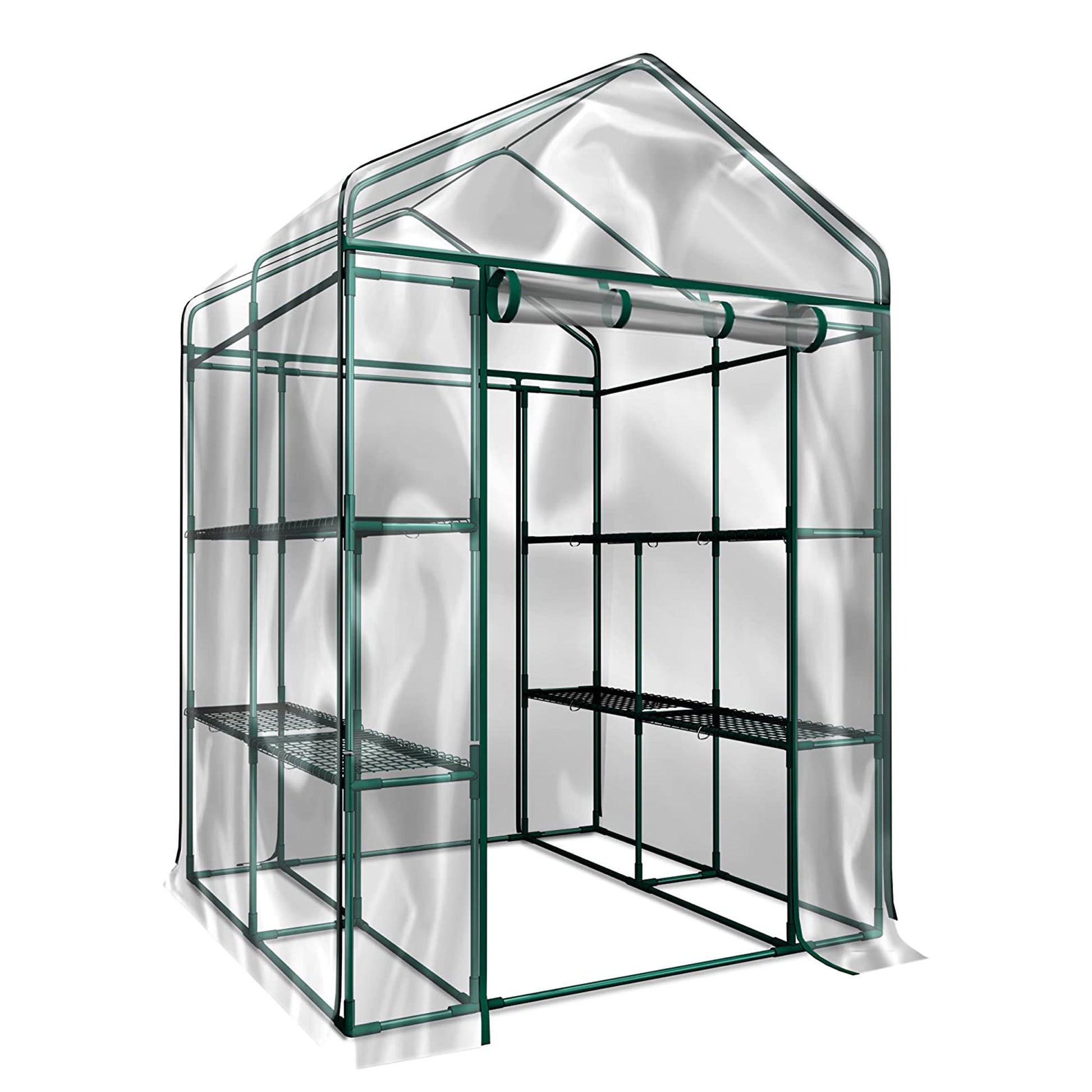 Outdoor 56" W X 56" D X 76" H Green House ,Walk In Plant Gardening Greenhouse With 2 Tiers 8 Shelves Transparent Cover Transparent Metal