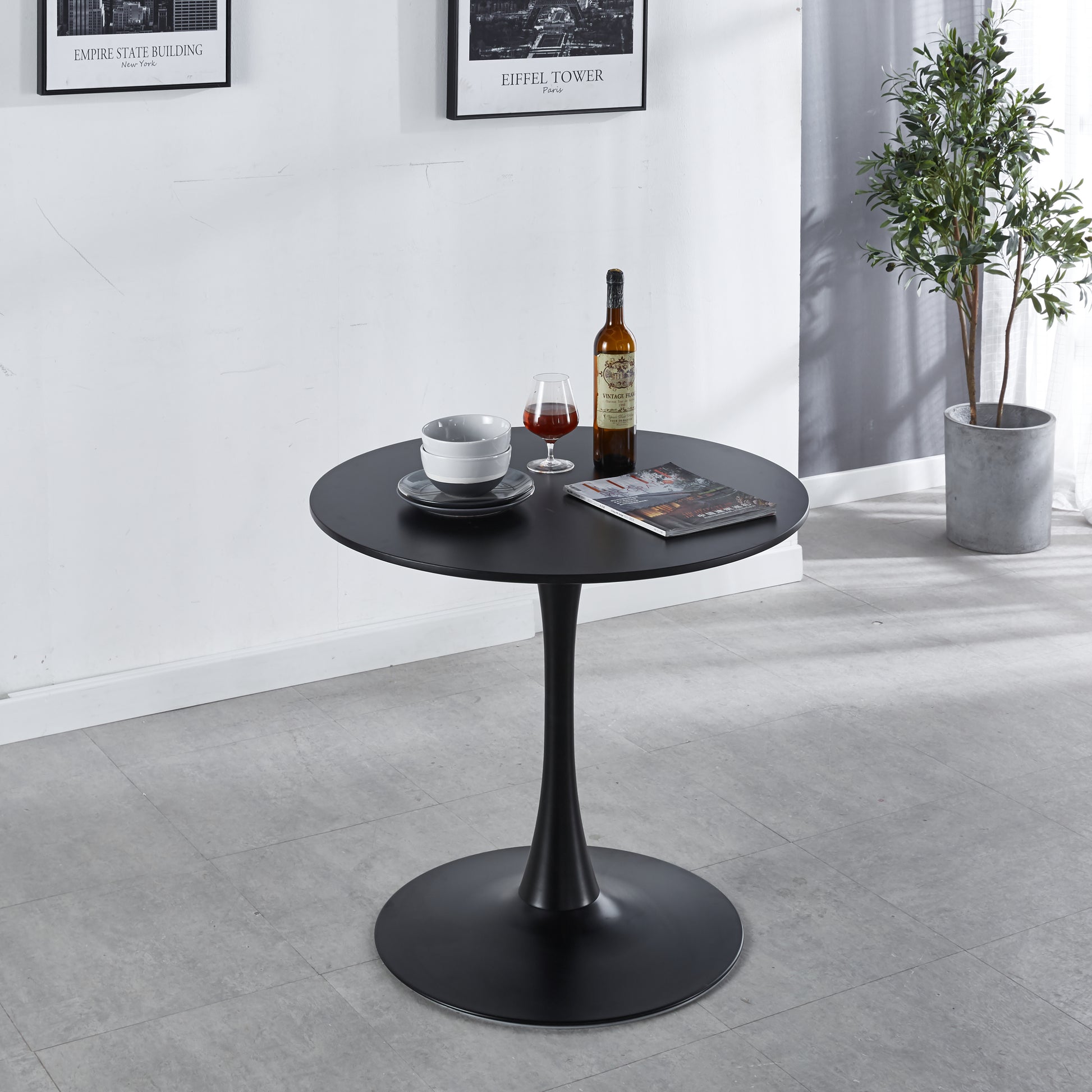 31.5"Black Tulip Table Mid Century Dining Table For 2 4 People With Round Mdf Table Top, Pedestal Dining Table, End Table Leisure Coffee Table Black Metal