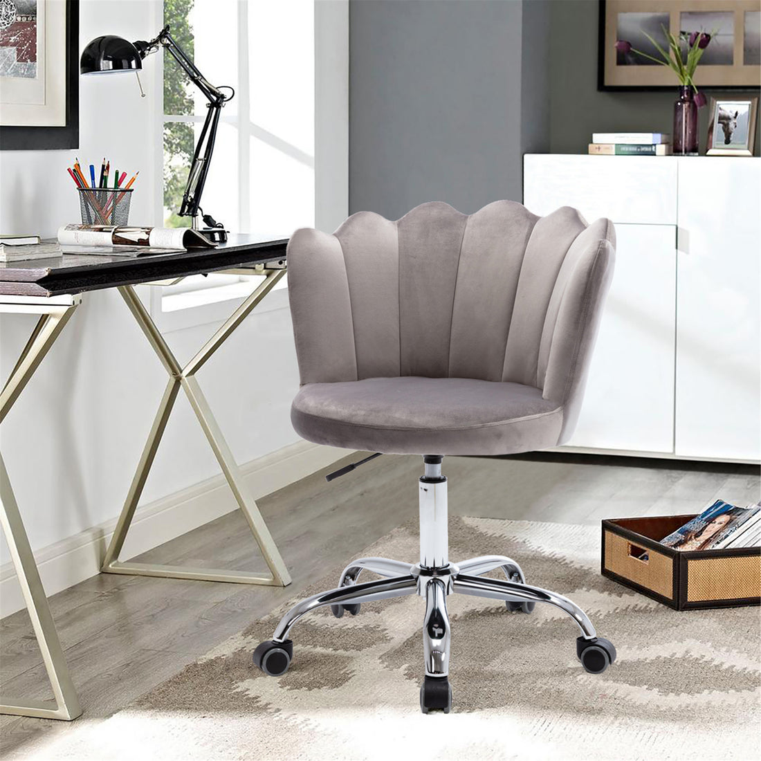 Coolmore Velvet Home Office Chair With Silver Base, Modern Cute Shell Back Upholstered Desk Chair For Vanity, Adjustable Swivel Task Chair For Office Gray Velvet Gray Foam Metal