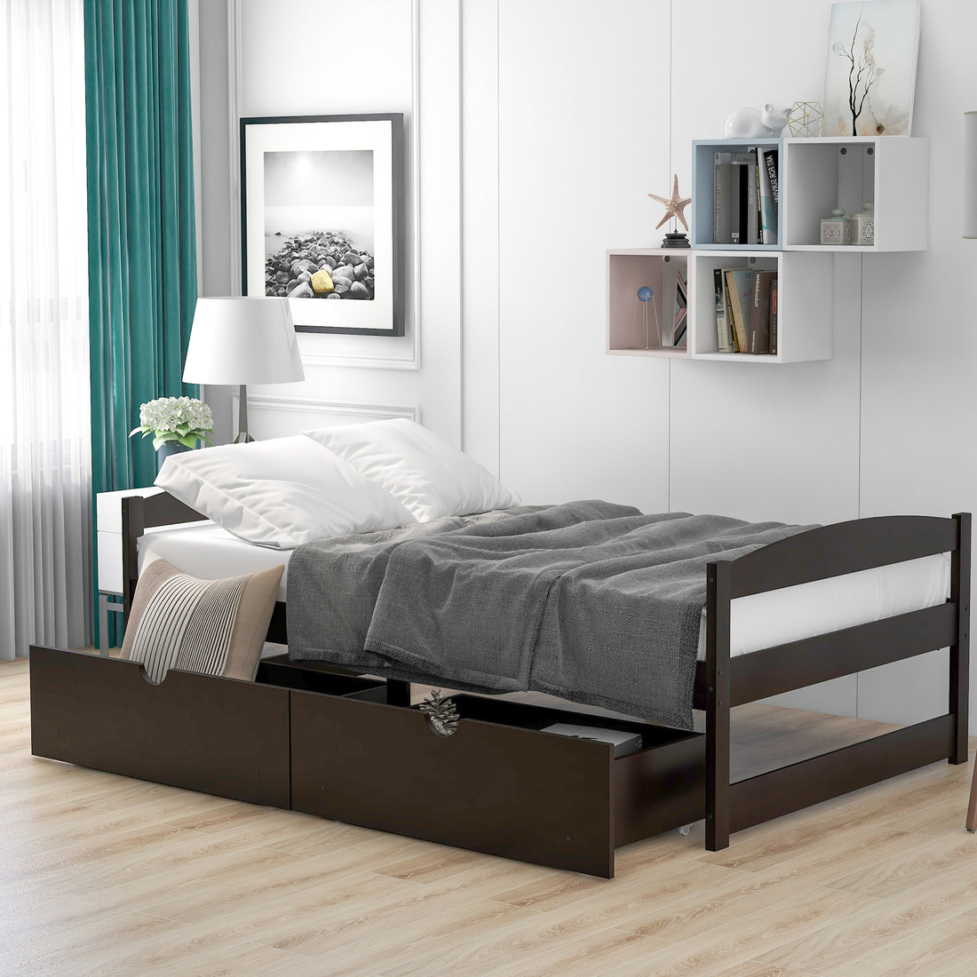 Twin Size Platform Bed, With Two Drawers, Espresso Espresso Pine