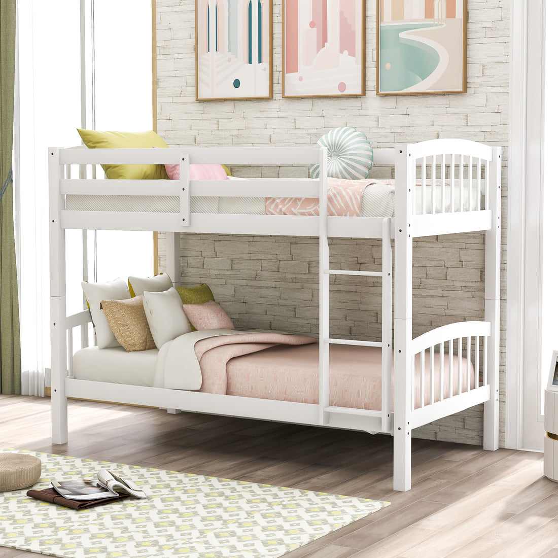 Twin Over Twin Bunk Bed With Ladder,White Old Sku: Lp000066Aak White Solid Wood