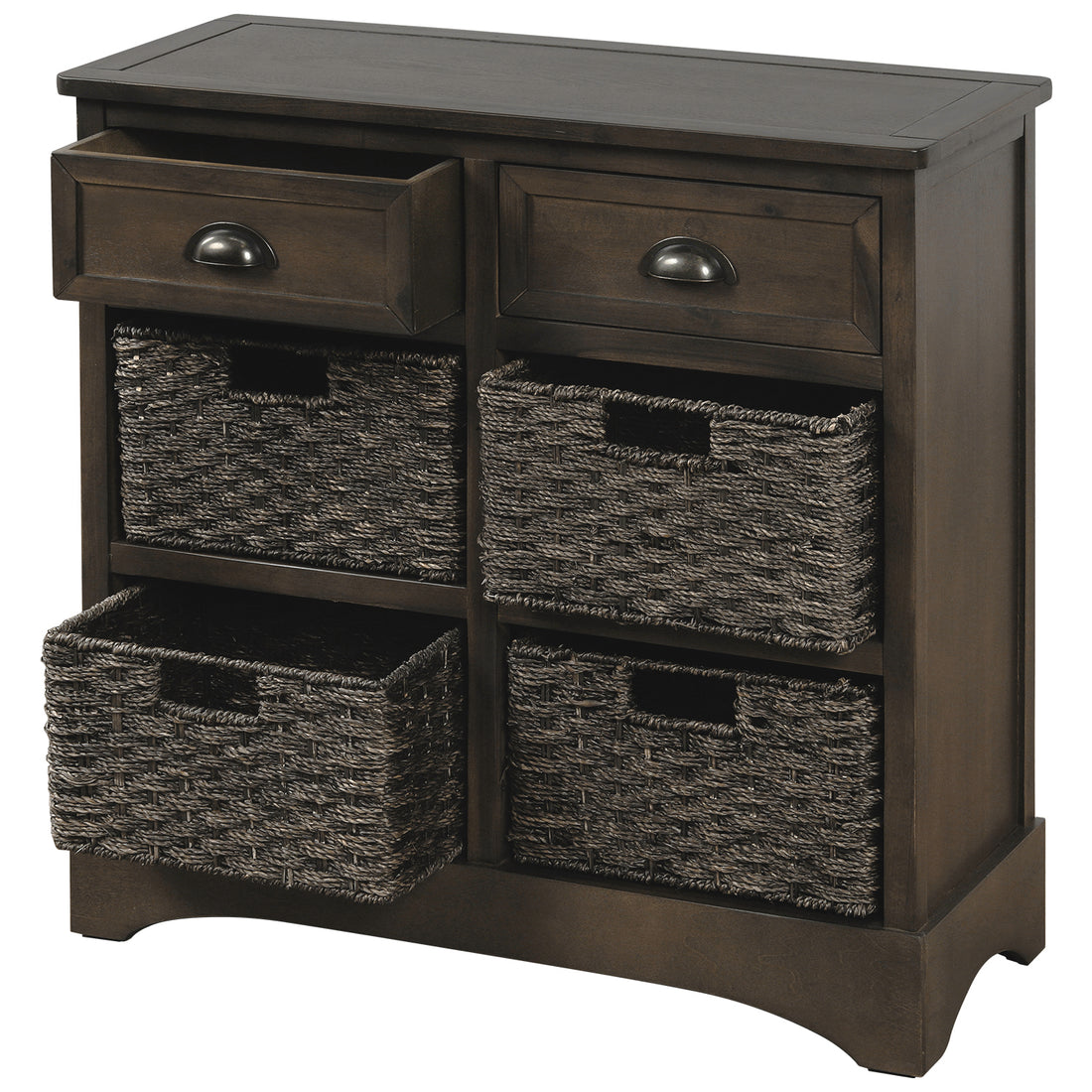 Rustic Storage Cabinet With Two Drawers And Four Classic Rattan Basket For Dining Room Living Room Brown Gray Brown Gray Solid Wood