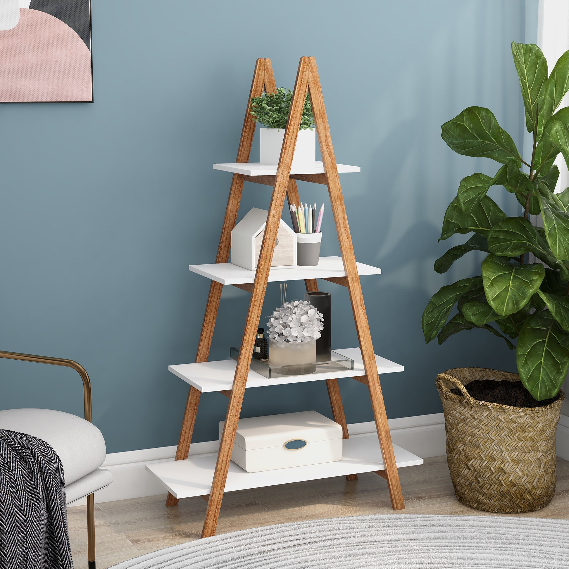 Solid Bamboo Wood Oxford A Frame Ladder Display Bookshelf White Mdf