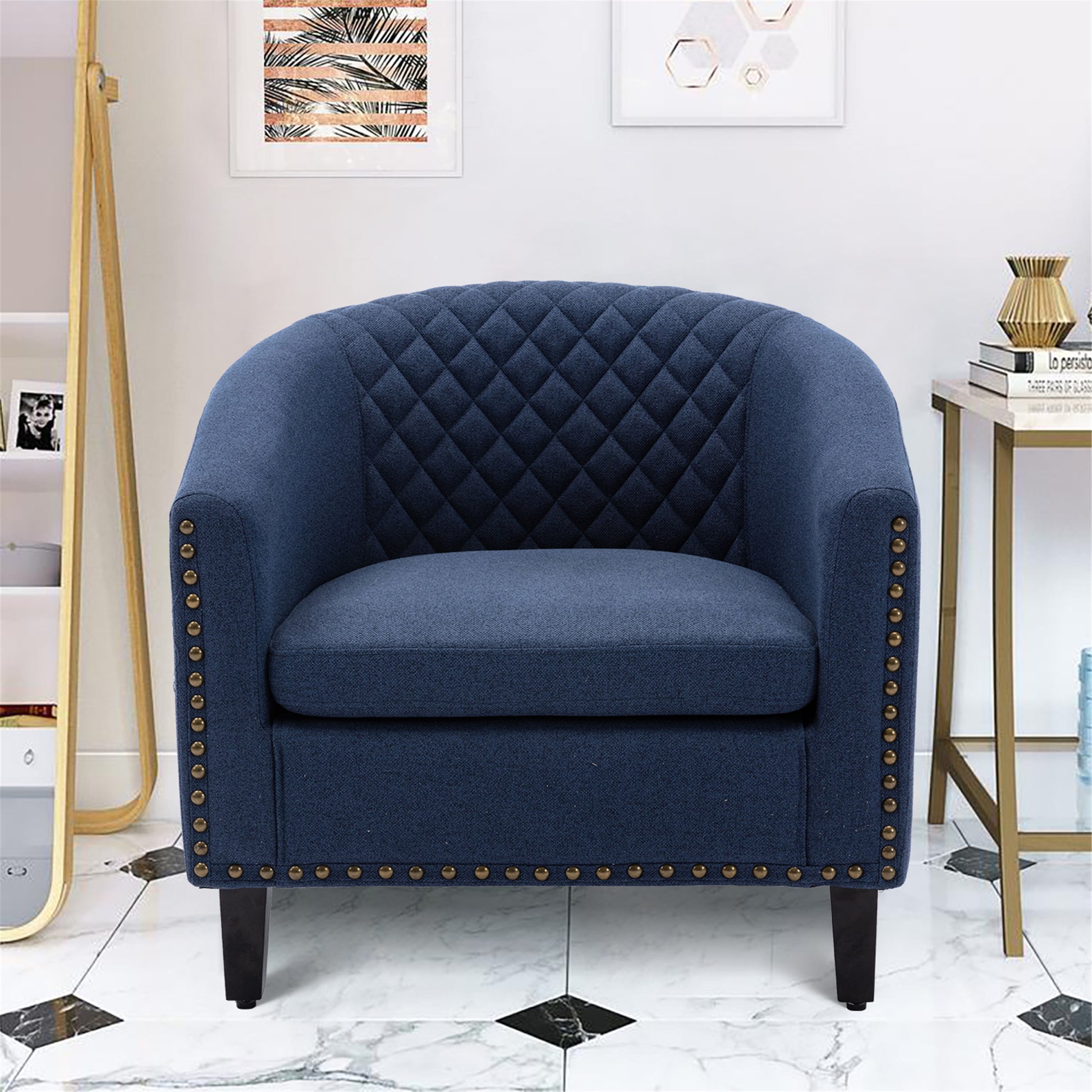 Coolmore Barrel Chairs With Soft Padded Armrest, Club Chairs With S And Solid Wood Legs For Living Room Bedroom Waiting Room Navy Linen Navy Foam Linen