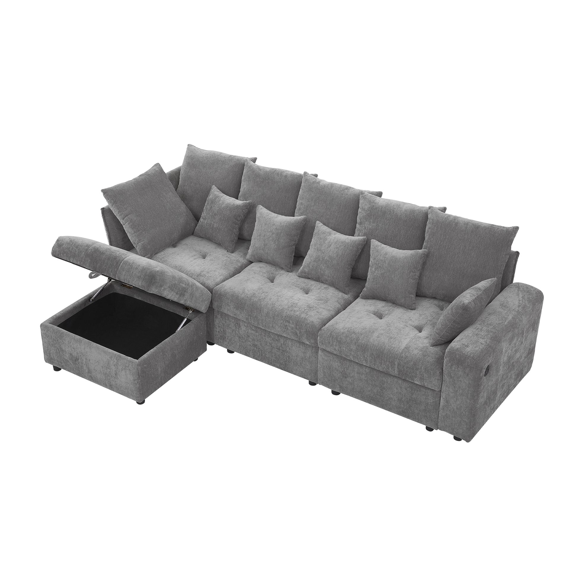 96.45"Sectional Sofa Modular Sofa Couch With Three Usb Ports, A Removable Storage Ottoman And Five Back Pillows For Living Room, Grey Grey Foam Chenille 4 Seat