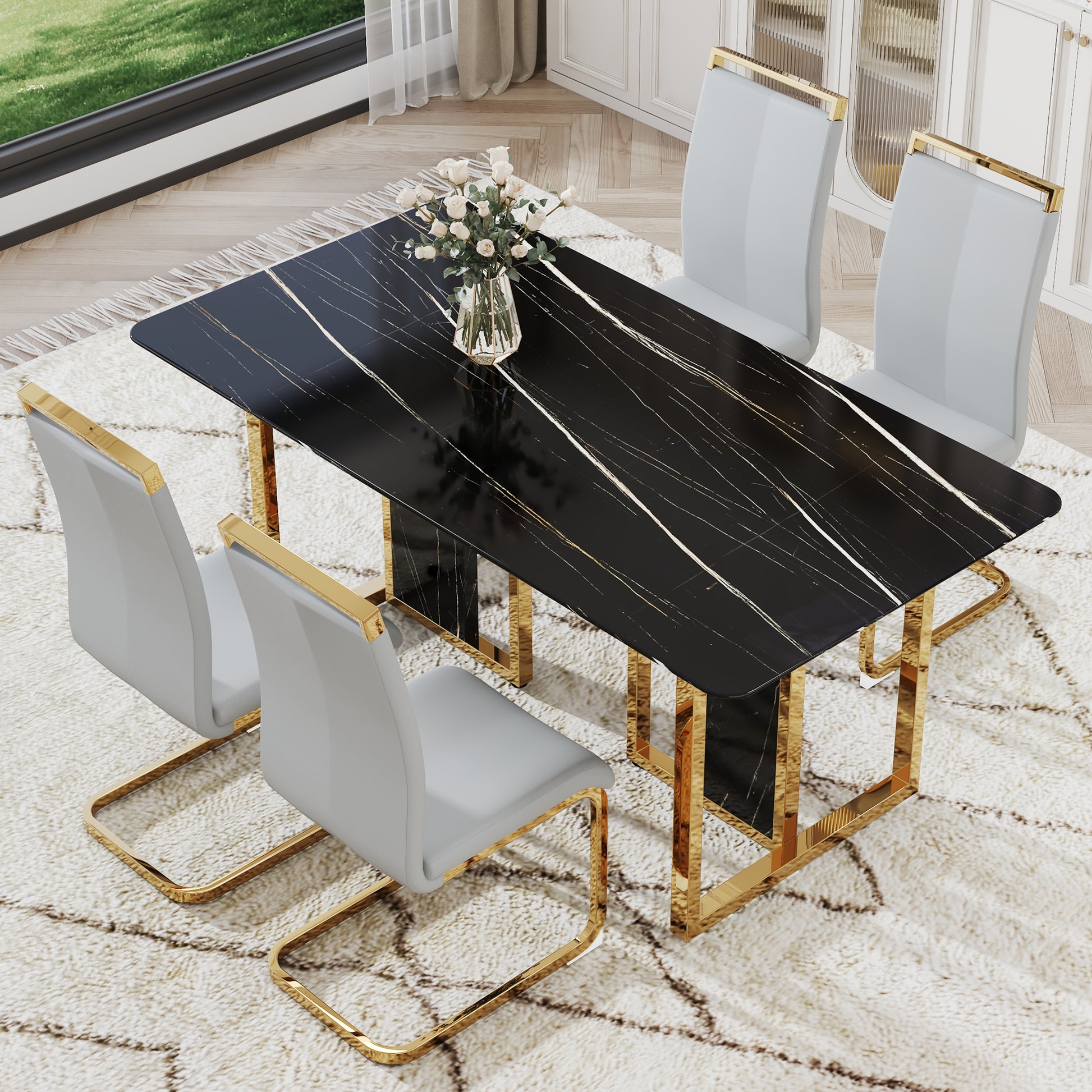 Table And Chair Set. Modern Dining Table With Mdf Top And Beautiful Mdf Legs. Equipped With Comfortable Pu Chairs And Metal Legs. Suitable For A Wide Range Of Decorative Styles. Black,Light Gray Seats 4 Mdf