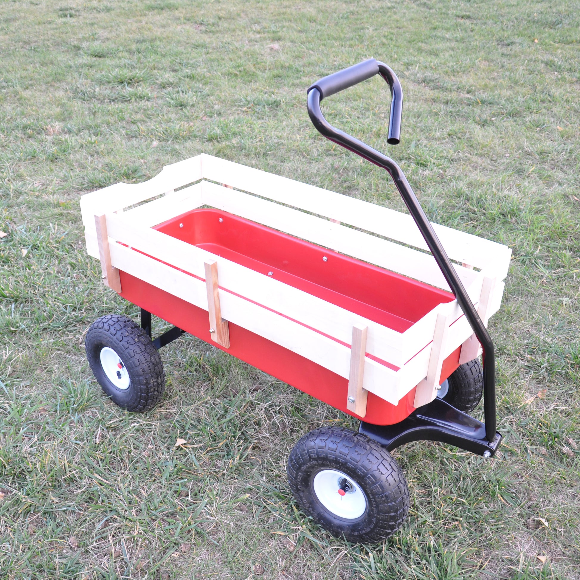 Outdoor Wagon All Terrain Pulling Wood Railing Air Tires Garden Cart Red White Red Garden & Outdoor Metal